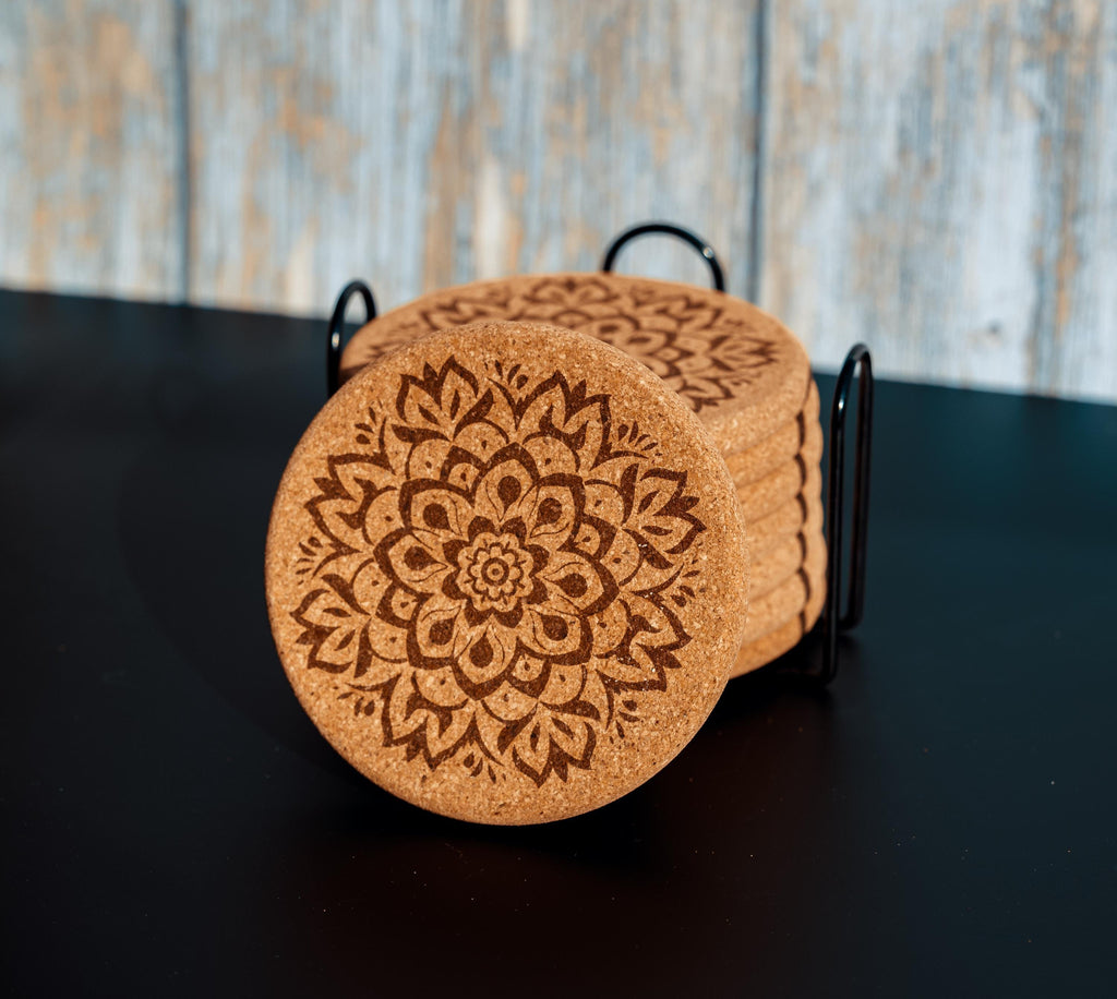 Mandala Cork Coasters Set - Laser Engraved Coaster Set With Holder | Boho Decor