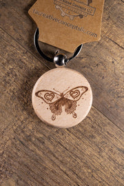 Laser Engraved Keychain - Solid Hardwood Butterfly Bag Charm with Stainless Steel Ring