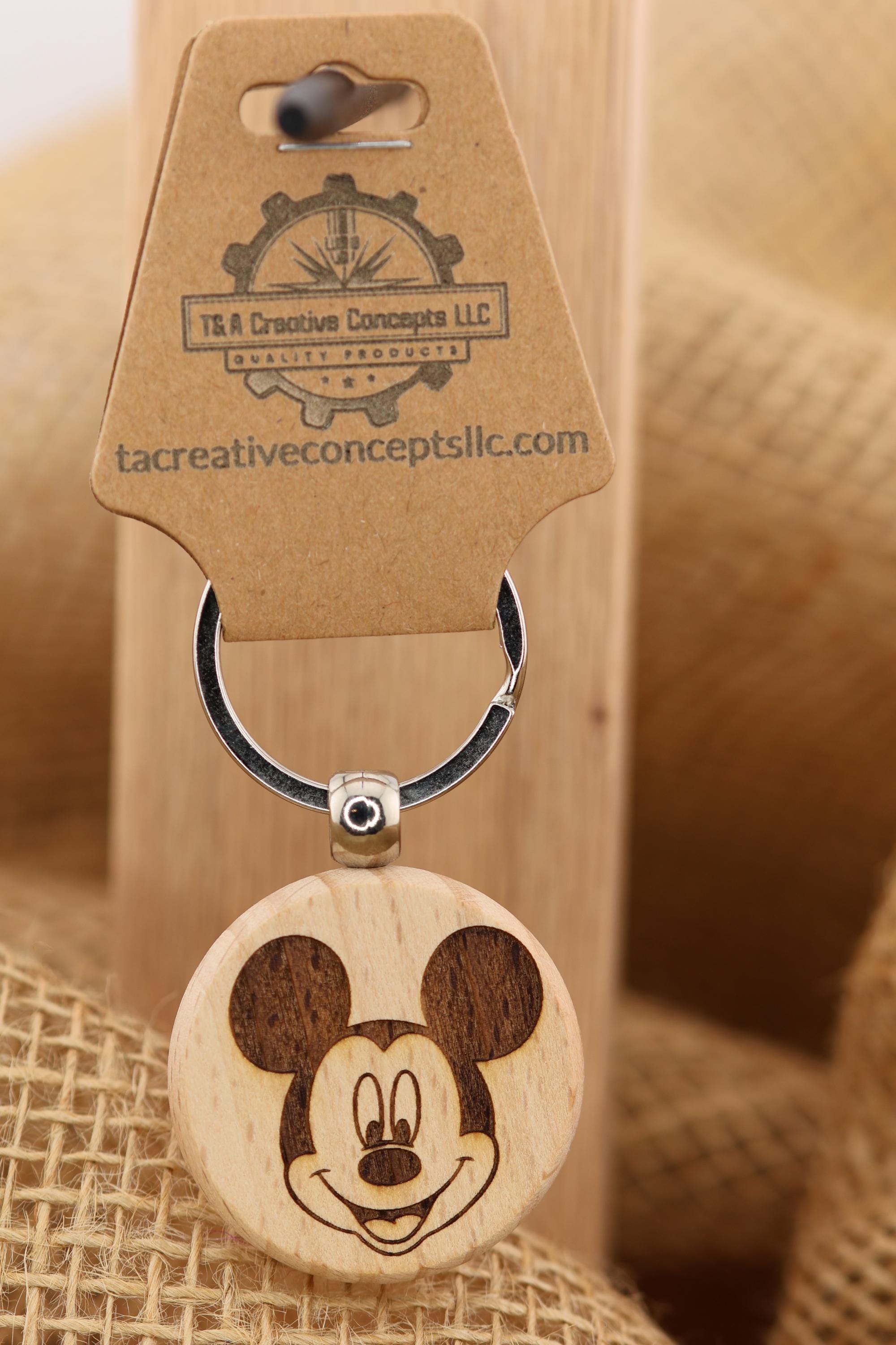 Mickey Mouse Keychain – Hardwood Double-Sided Engraving | Stainless Steel Ring