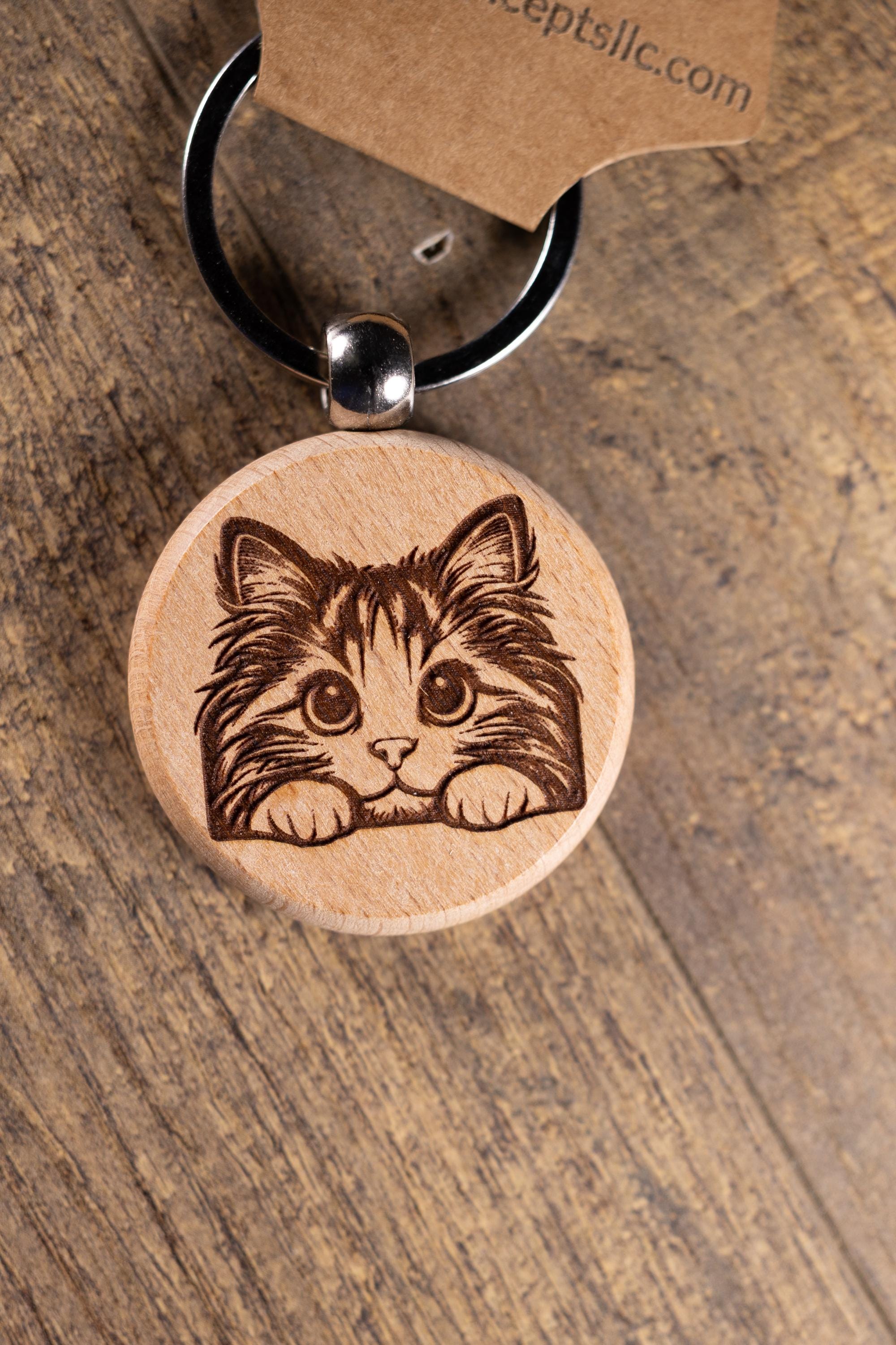 Wooden Cat Keychain - Laser Engraved Wood Hardwood Bag Charm with Stainless Steel Ring