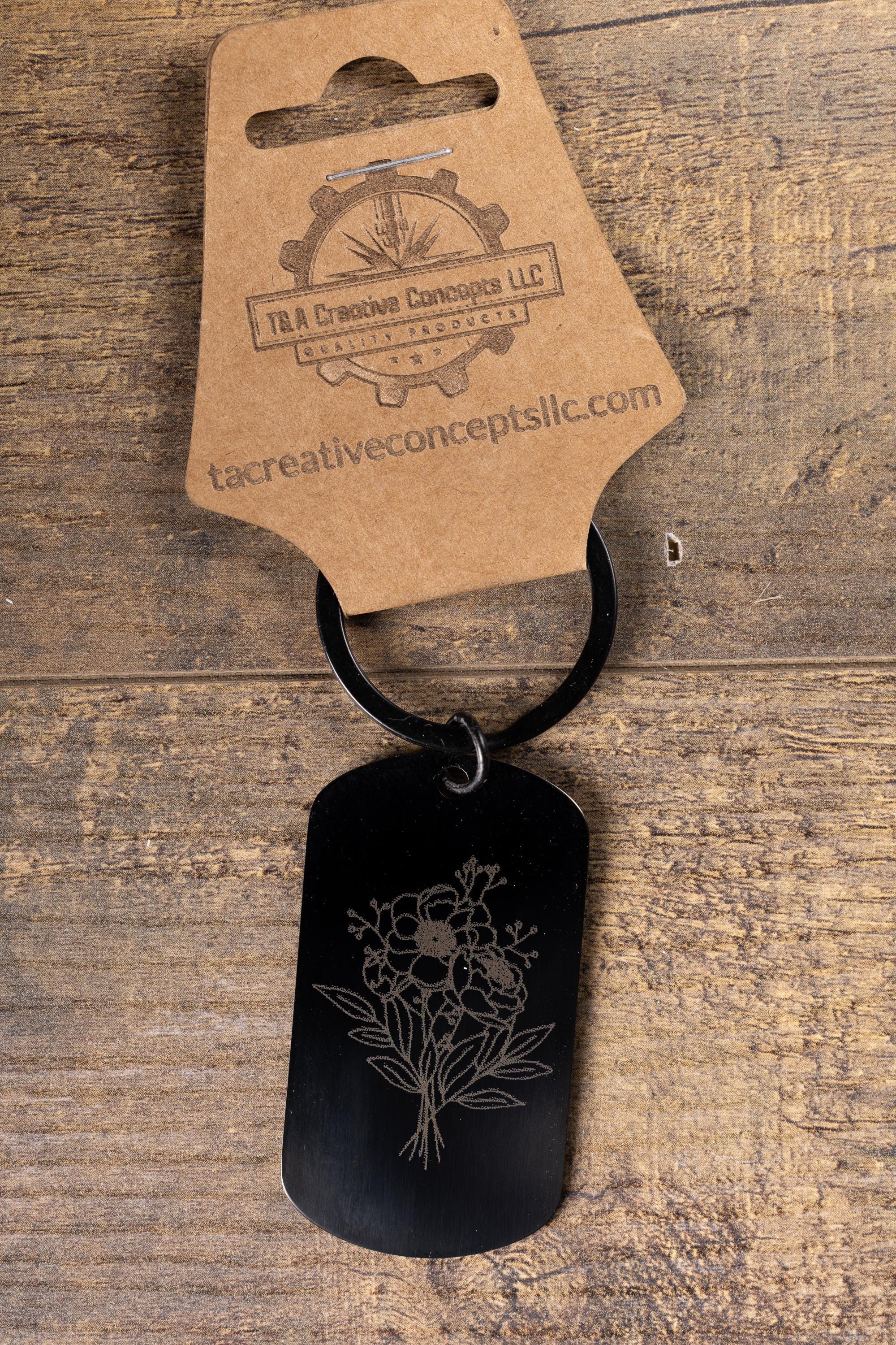 Black Floral Keychain - Laser Engraved Stainless Steel | Durable Everyday Carry