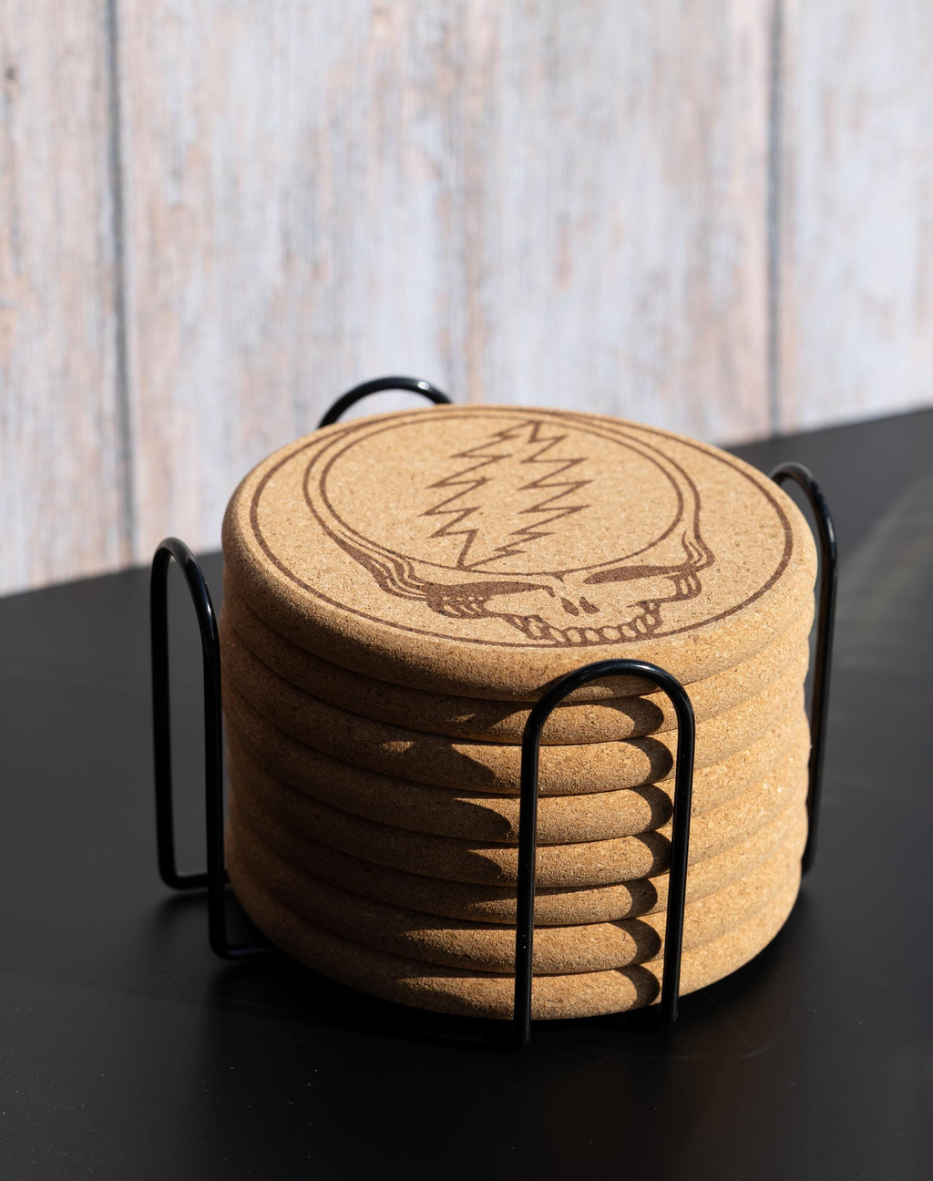 Grateful Dead Coasters – Natural Cork Set with Steal Your Face Design & Holder