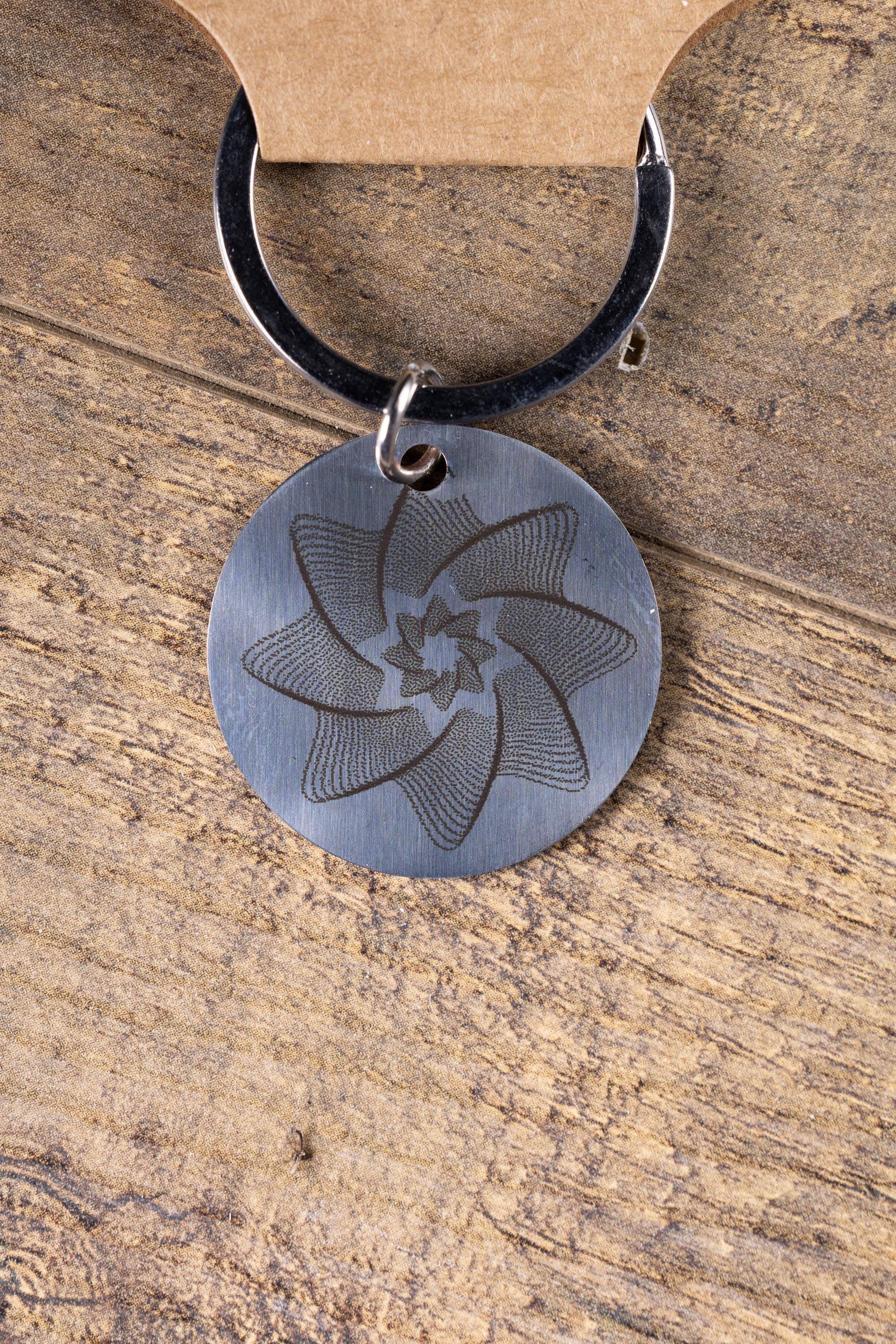 Polished Stainless Steel Keychain - Geometric Star Design with Laser Engraved Spiral Line