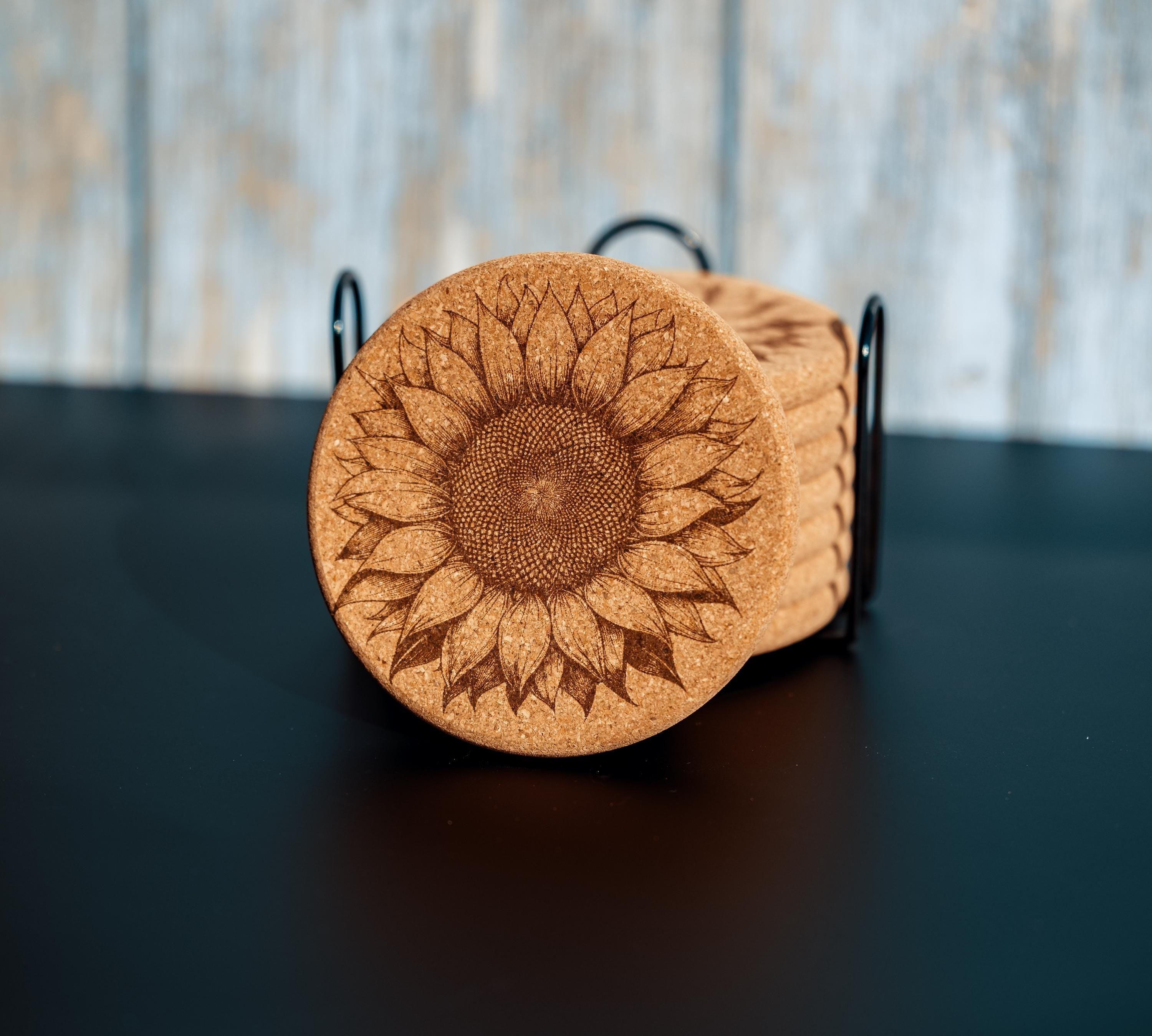 Rustic Cork Coasters - Set of 8 Sunflower Drink Set with Natural Cork Holder