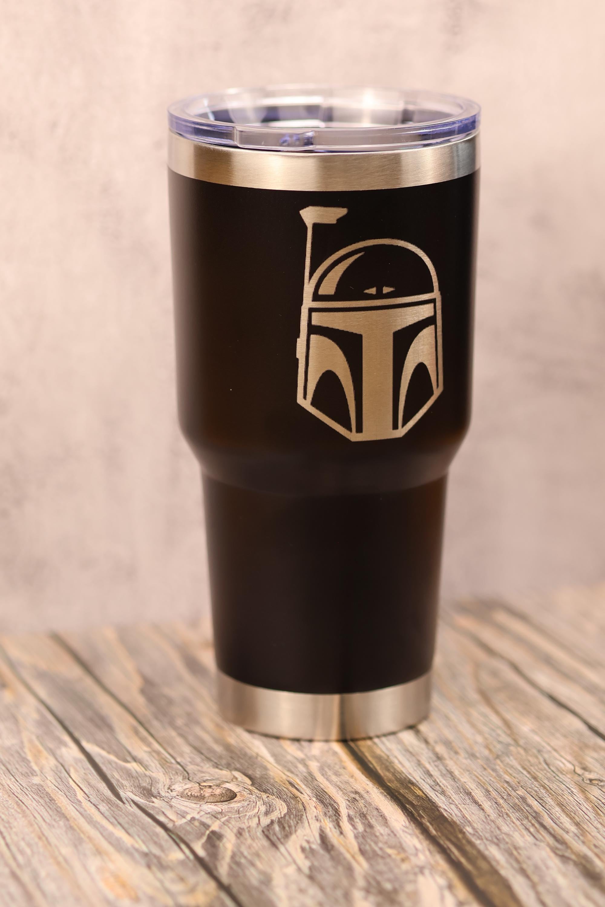 Boba Fett Tumbler – 30oz Stainless Steel Cup | Laser Engraved Helmet, Clear Lid