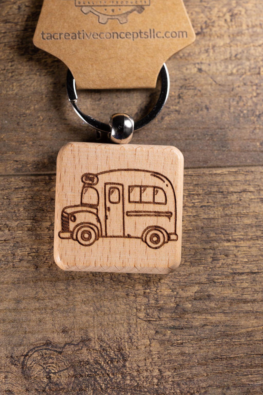 School Bus Keychain - Handmade Solid Wood Charm With Stainless Steel Ring