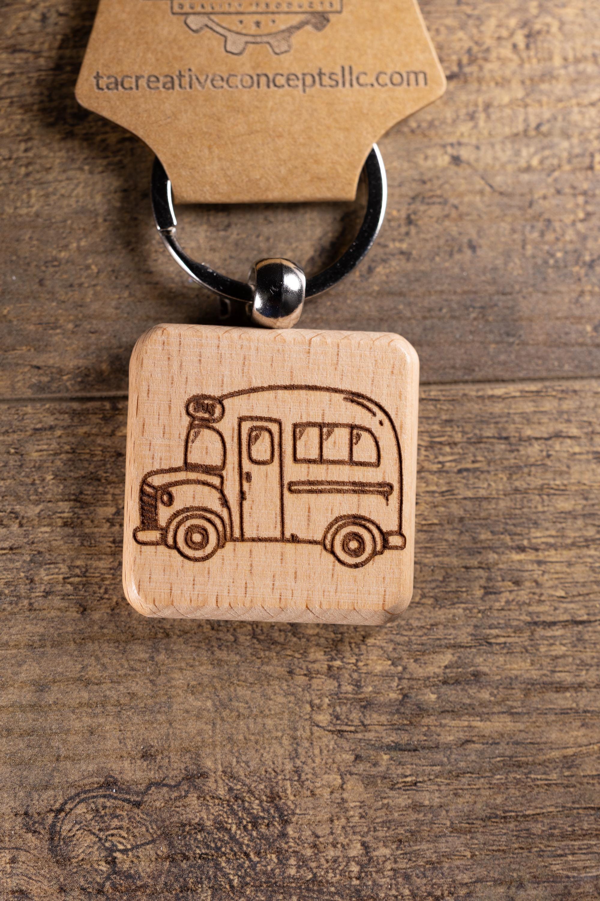 School Bus Keychain - Handmade Solid Wood Charm With Stainless Steel Ring