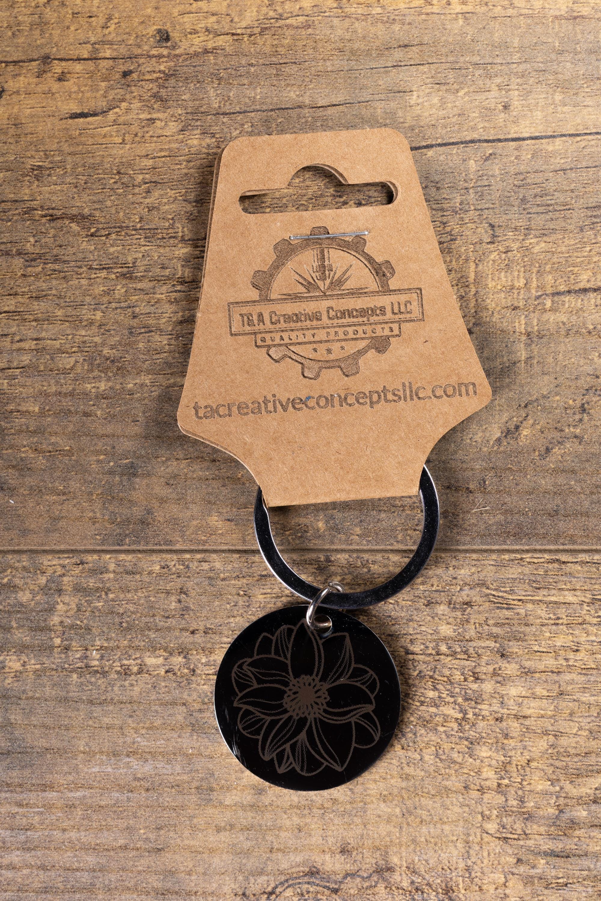 Mandala Flower Keychain – Black Stainless Steel, Double-Sided Engraved Charm