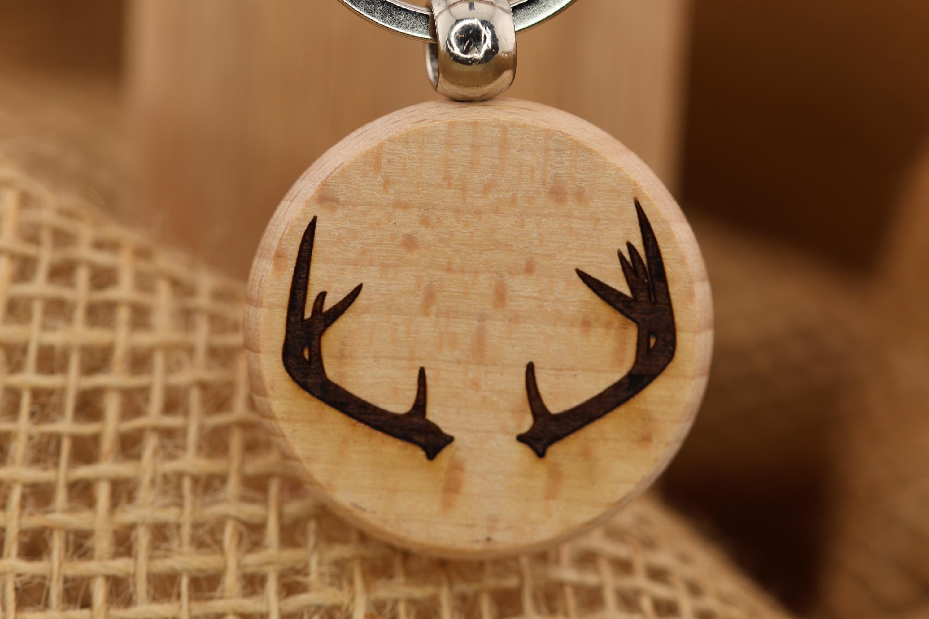 Deer Antlers Keychain – Laser Engraved Hardwood Rustic Bag Charm with Stainless Steel Ring