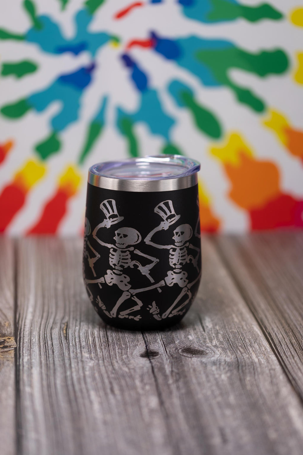 Dancing Skeleton Wine Tumbler - Laser Engraved, Double Wall Vacuum Cup, Custom Color