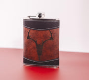 Leather Flask – 8oz Stainless Steel Travel Flask with Gothic Deer Skull Design
