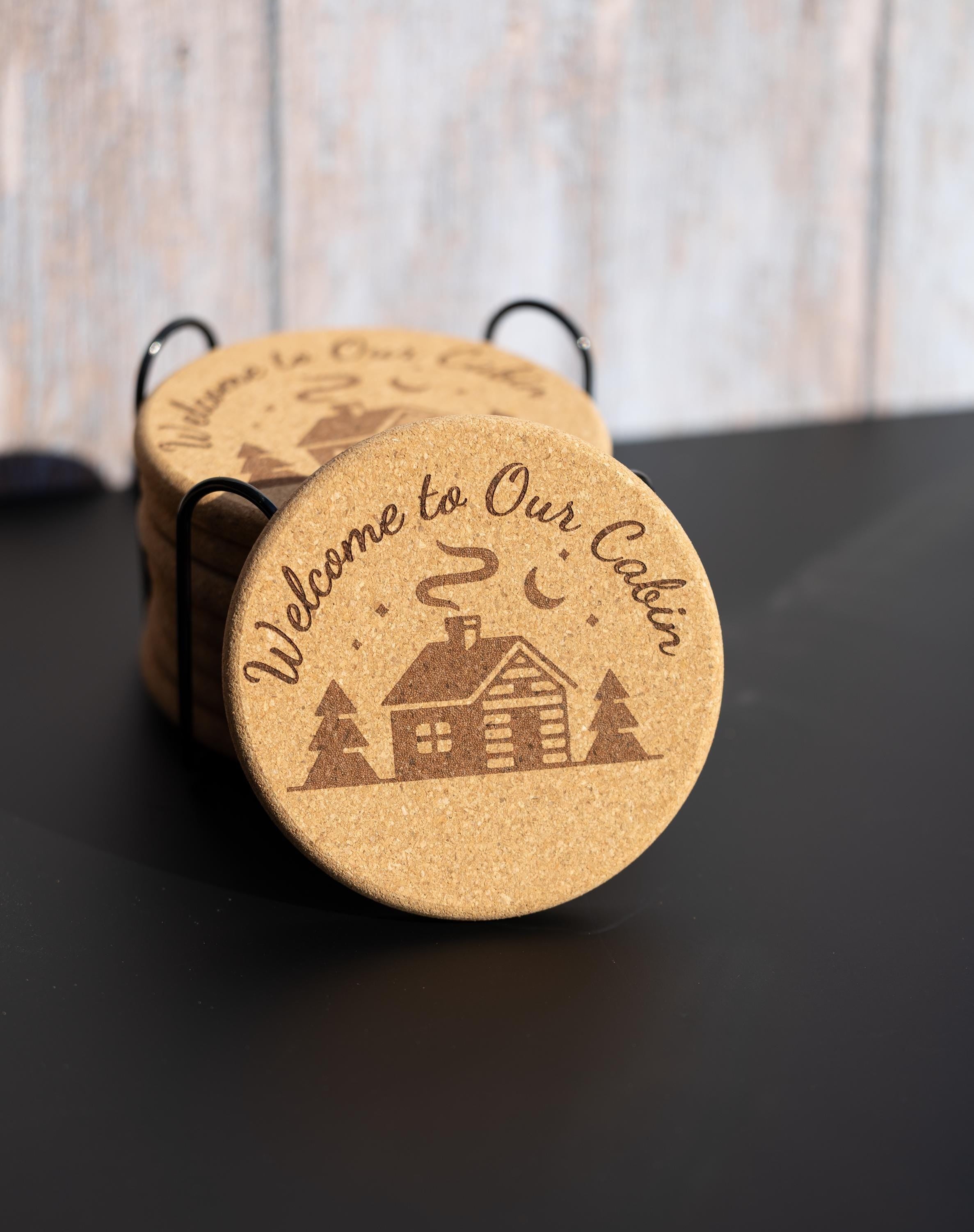 Rustic Cork Coasters - Welcome Cabin Coaster Set of 8 with Holder | Engraved Drink Mats