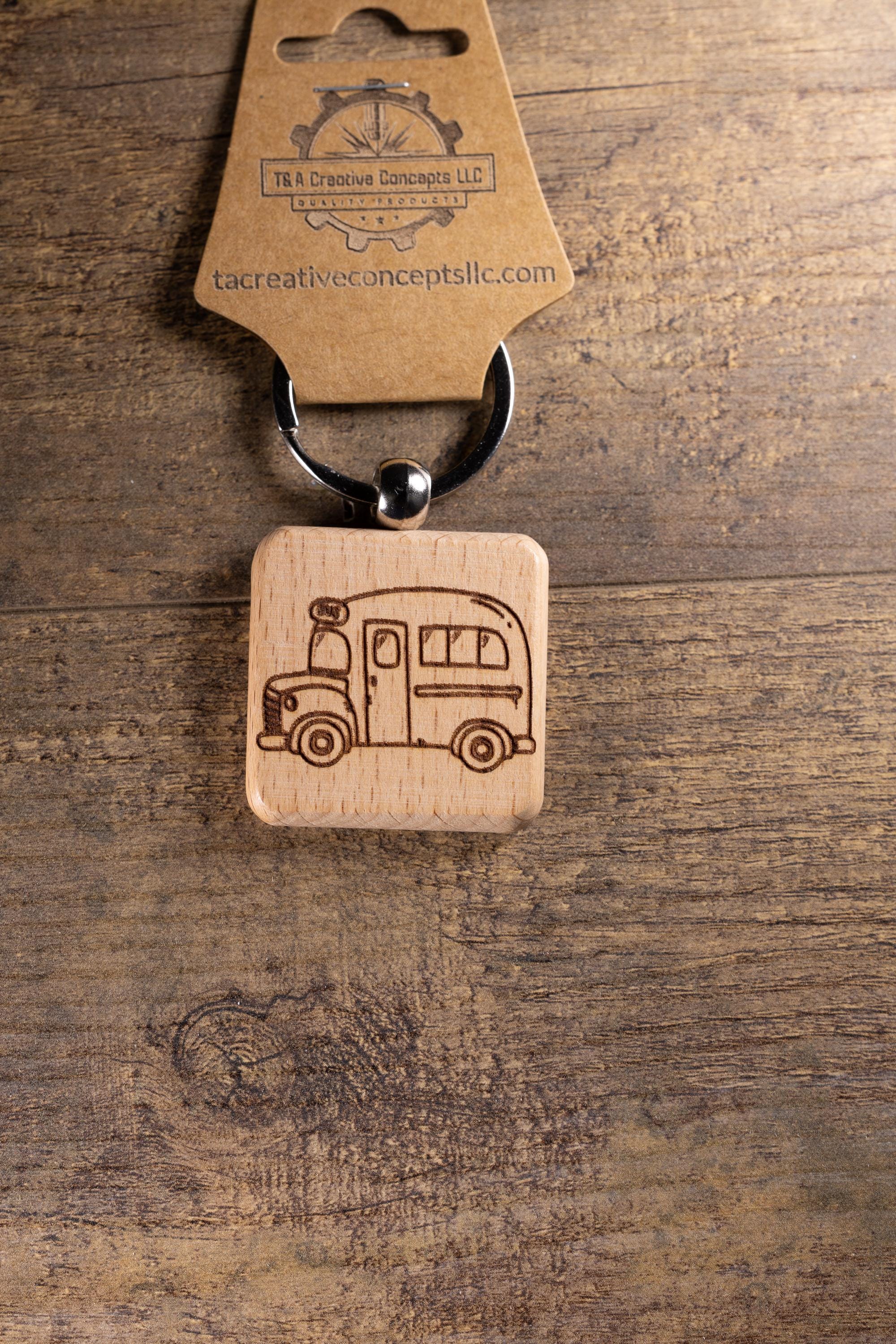 School Bus Keychain - Handmade Solid Wood Charm With Stainless Steel Ring