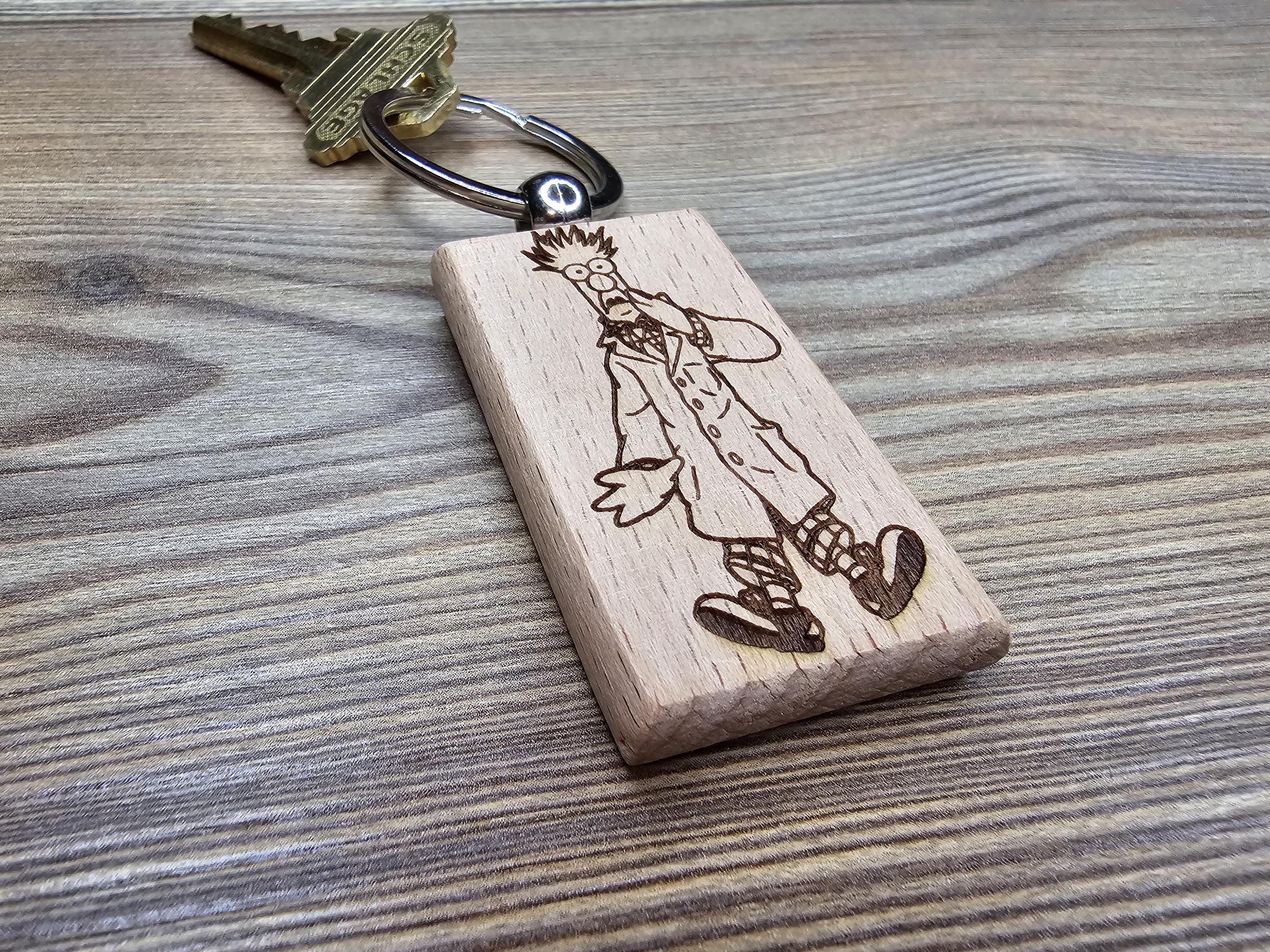 Beaker Keychain – Double-Sided Laser Engraved Hardwood Charm with Stainless Steel Keyring