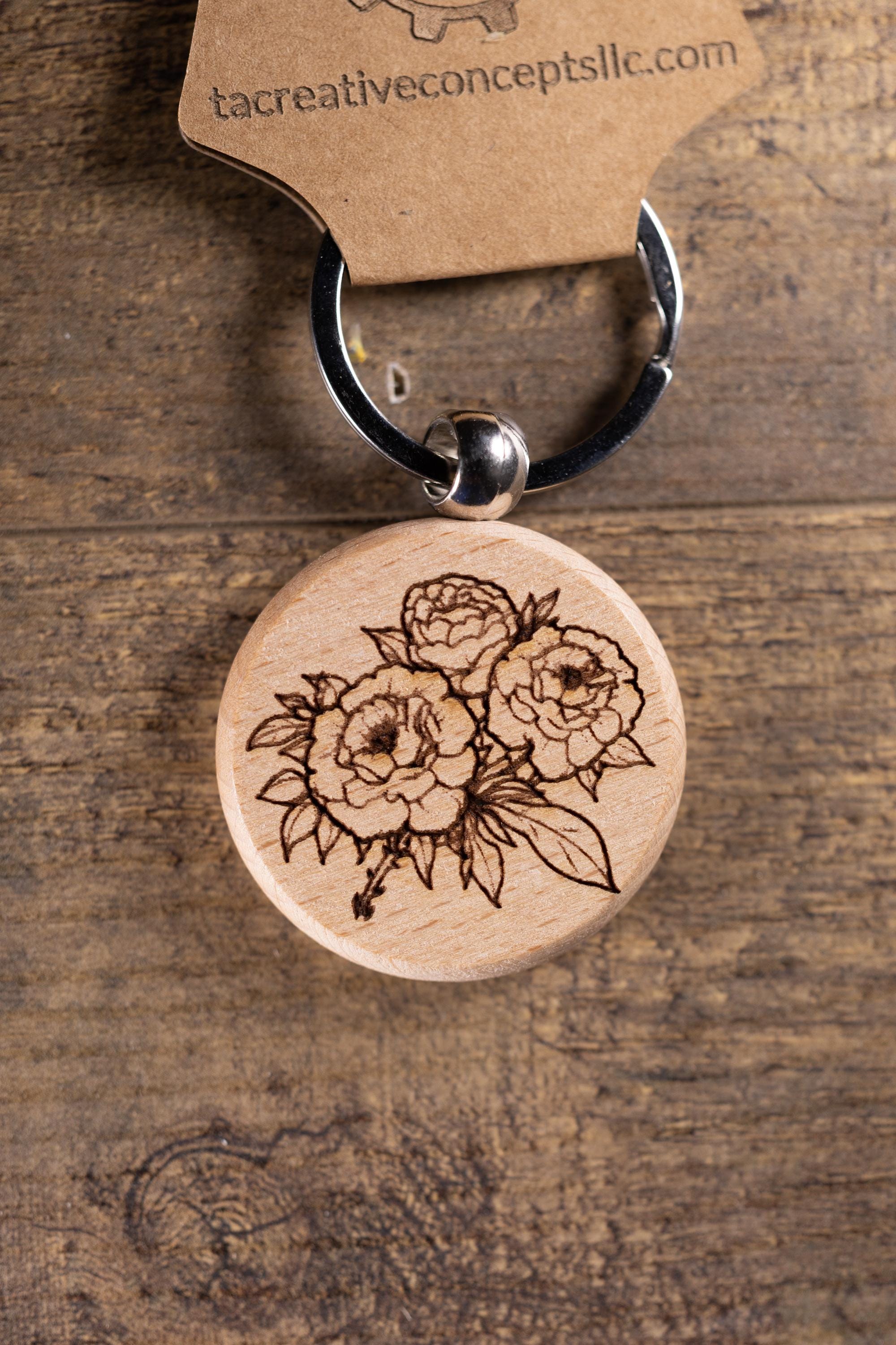 Wood Keychain – Laser Engraved Peony Bouquet Floral Charm | Maple, Cherry, Walnut