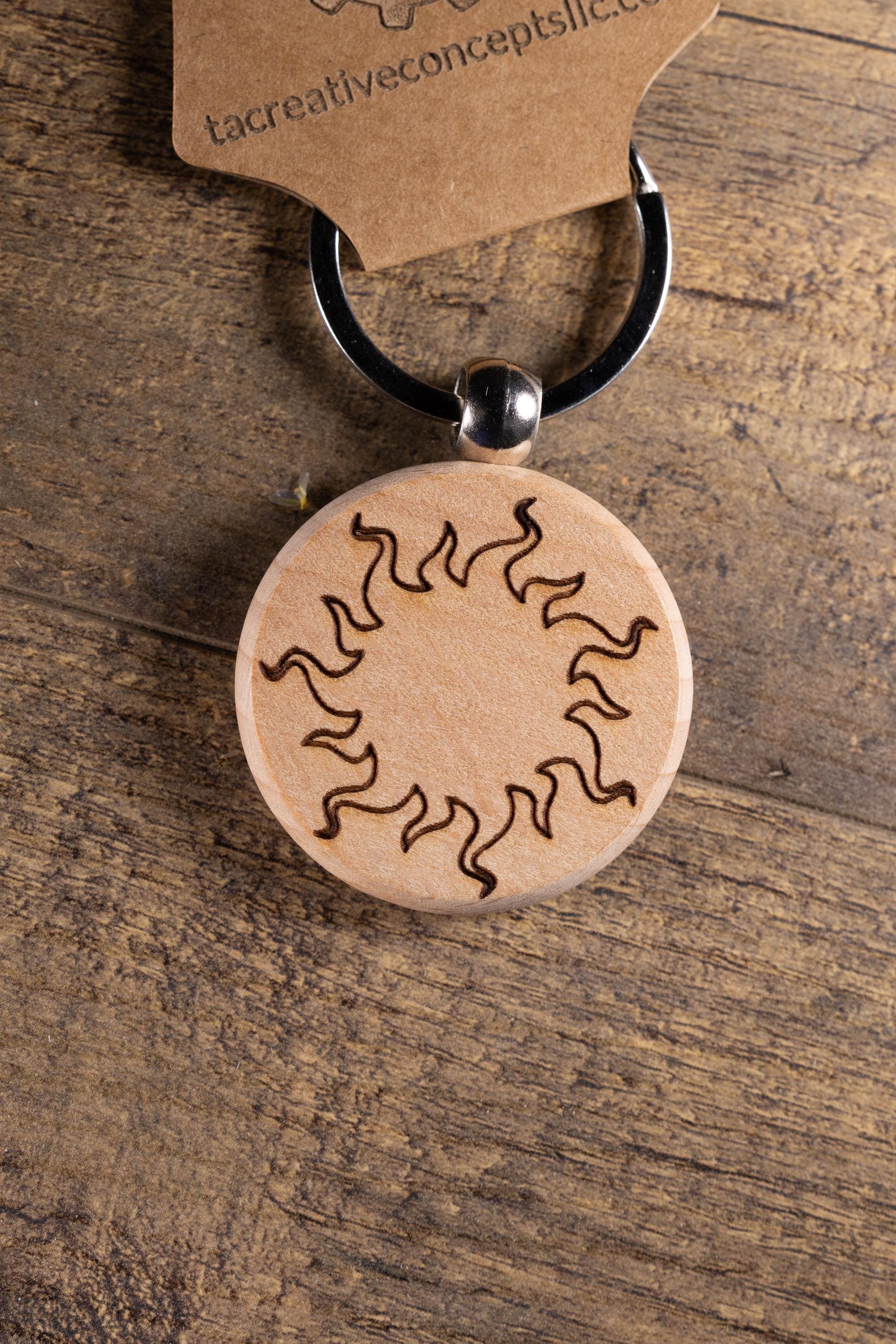 Wood Sun Keychain - Laser Engraved Solid Hardwood Charm | Stainless Steel Ring