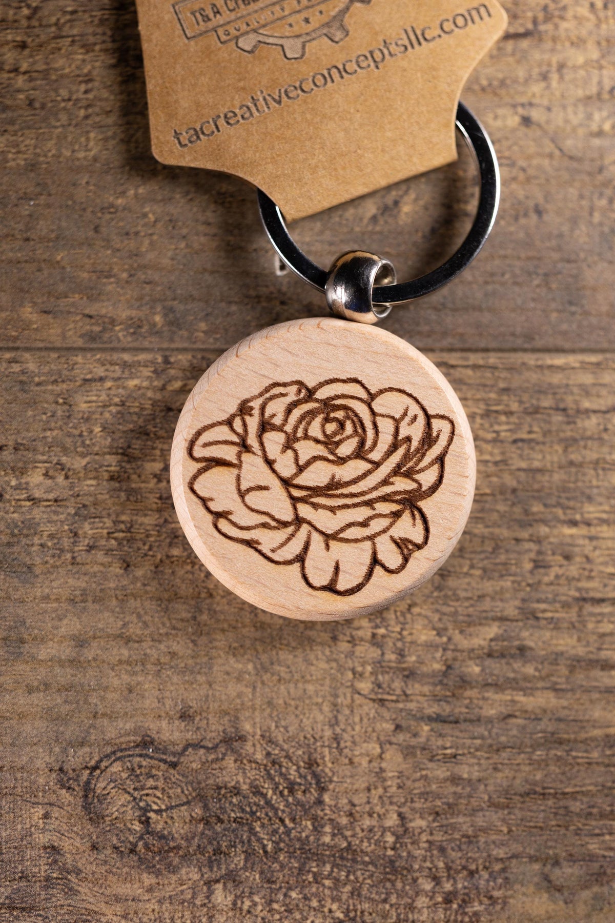 Peony Wood Keychain – Laser Engraved Floral Design | Hardwood & Stainless Steel Ring