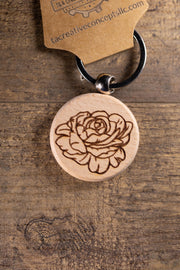 Peony Wood Keychain – Laser Engraved Floral Design | Hardwood & Stainless Steel Ring
