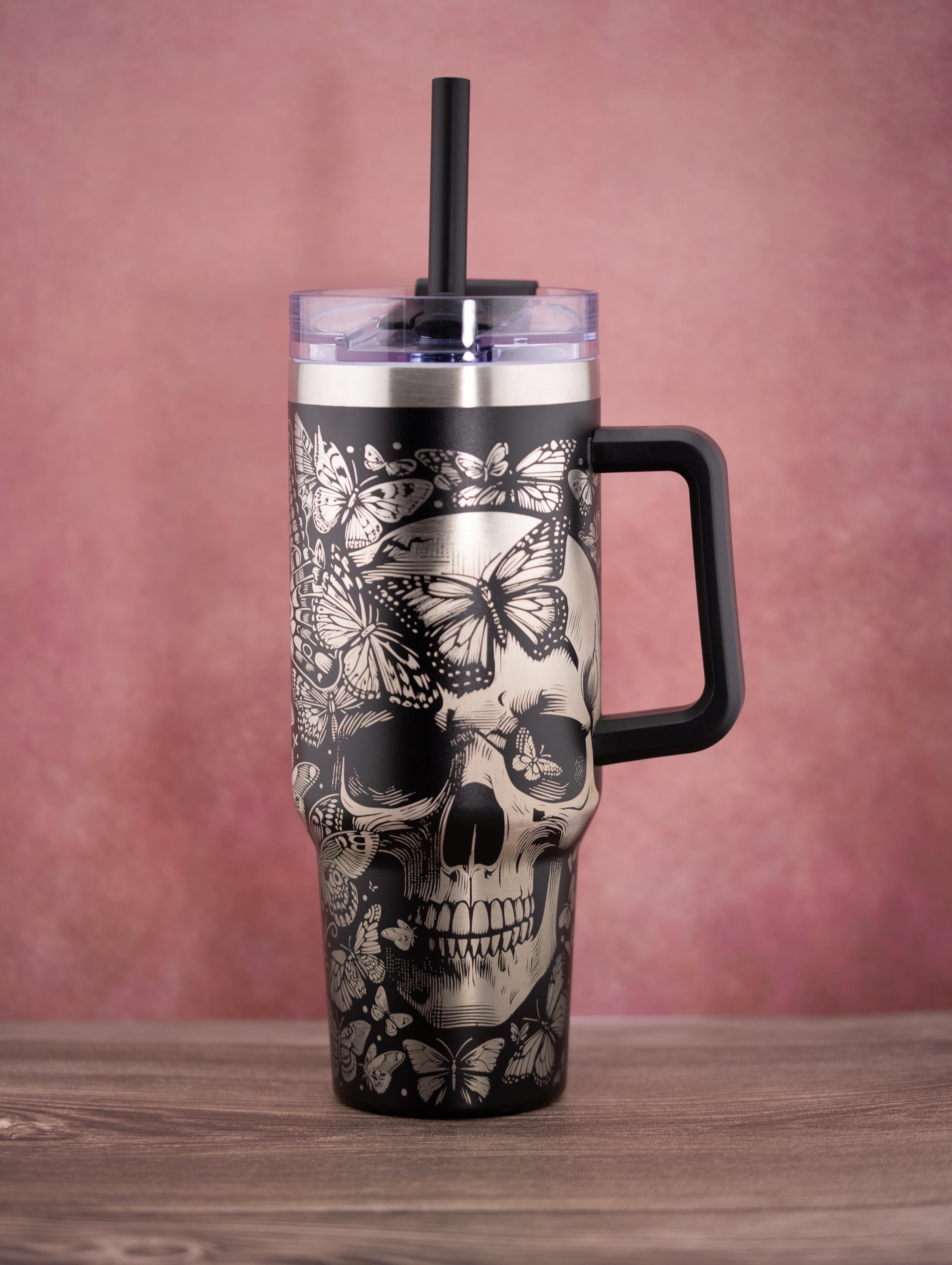 Skulls and Butterflies Tumbler – 40oz Double Wall Insulated Cup | Stainless Steel, Straw Lid