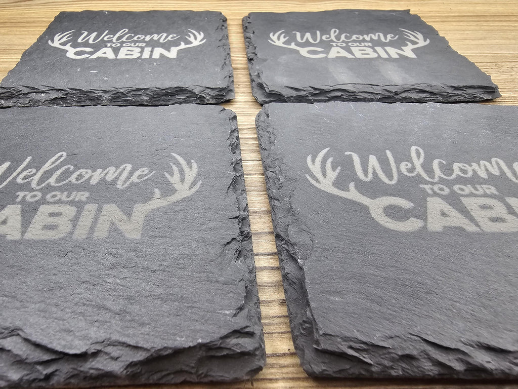 Rustic Slate Coasters – Laser Engraved Cabin Drink Pads | Set of 4 Durable Slate