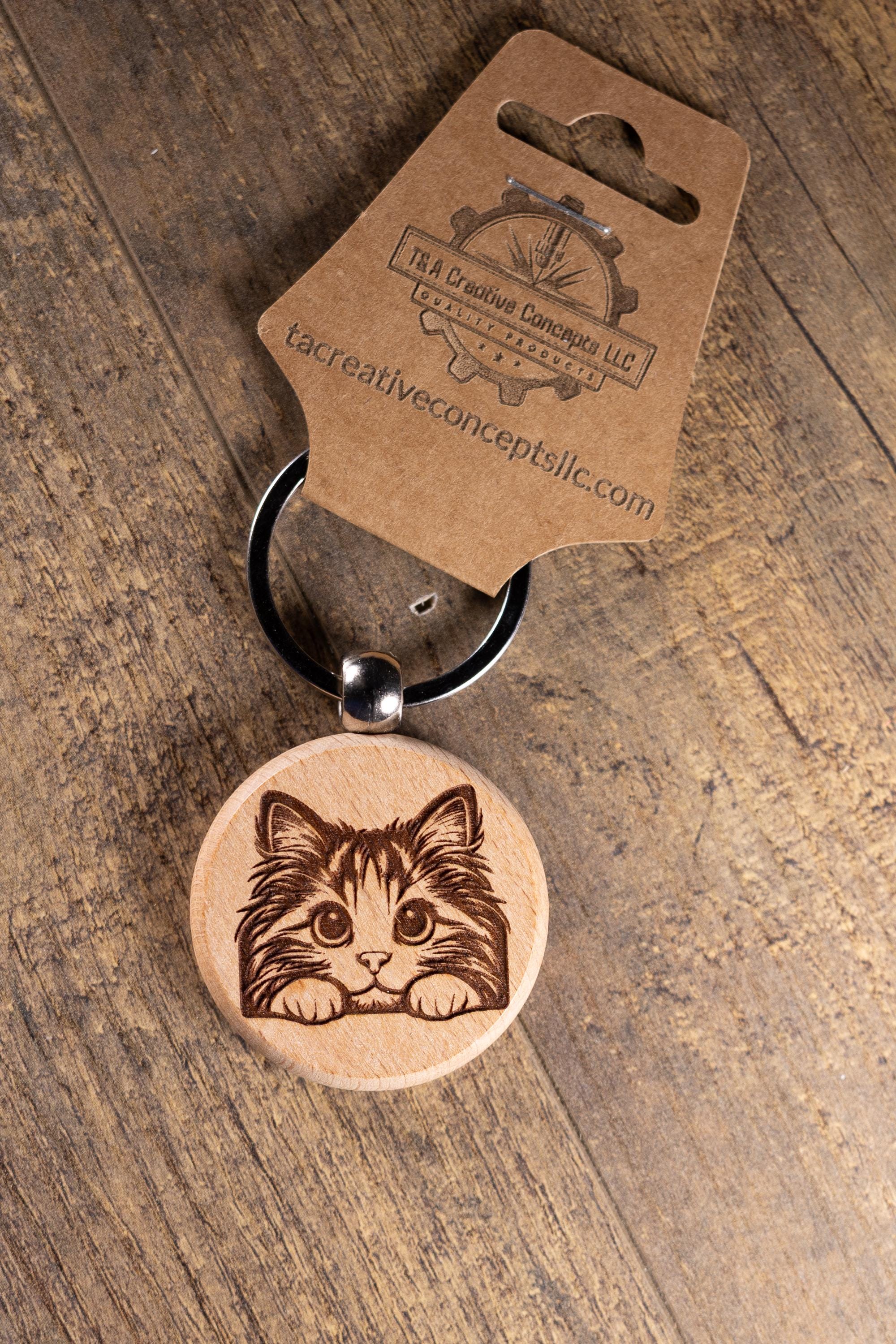 Wooden Cat Keychain - Laser Engraved Wood Hardwood Bag Charm with Stainless Steel Ring