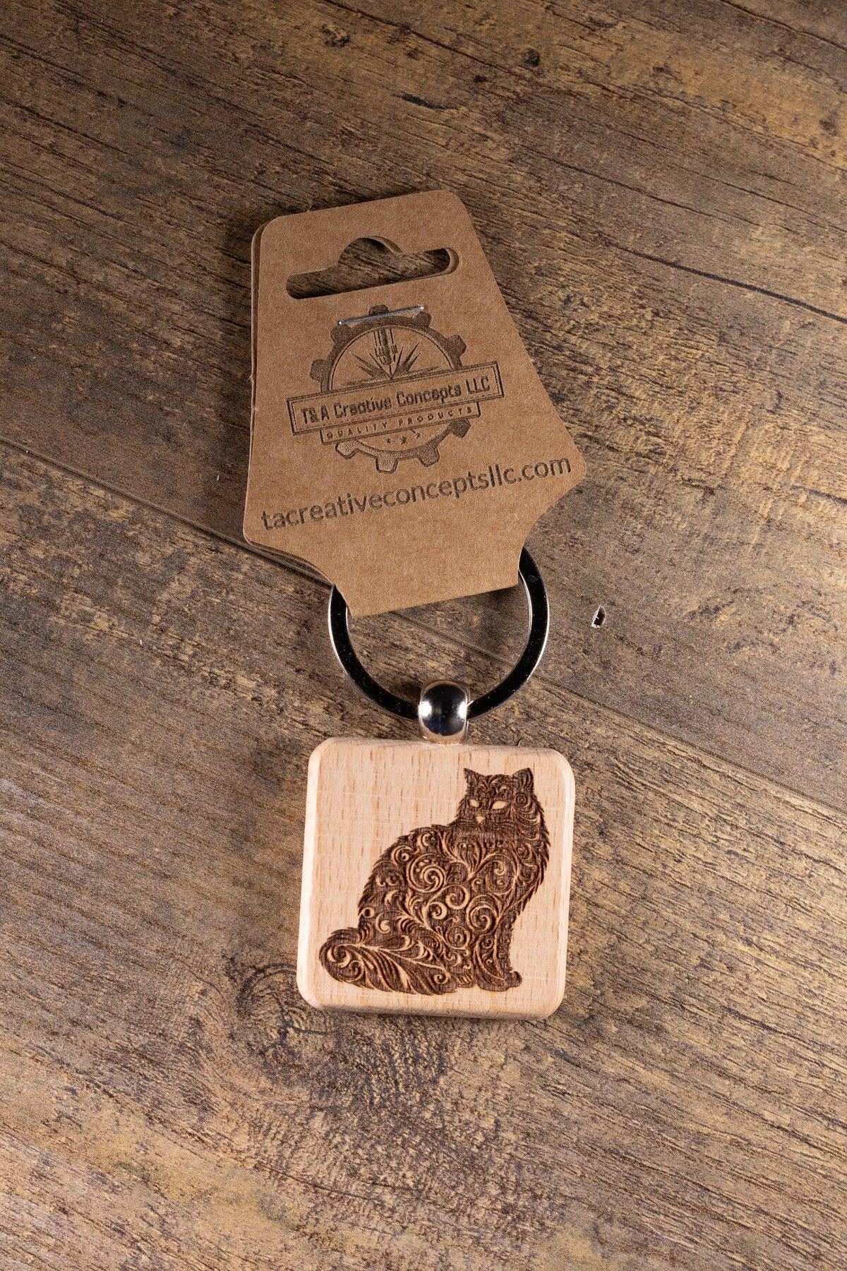 Wood Cat Keychain – Laser Engraved Hardwood | Durable Cat Pendant, Handmade Gift