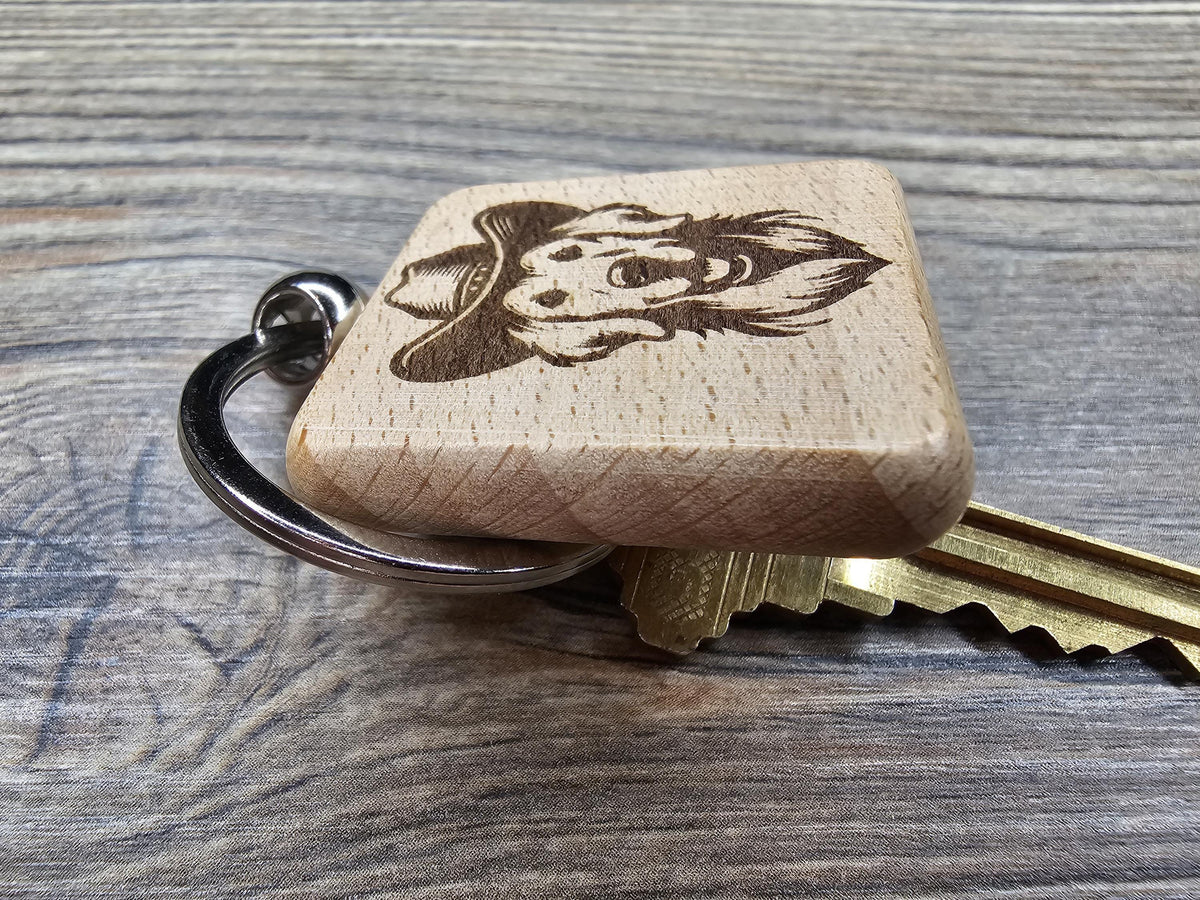 Golden Retriever Keychain – Laser Engraved Wood Cowboy Hat Charm, Durable Hardwood