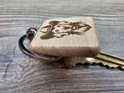 Golden Retriever Keychain – Laser Engraved Wood Cowboy Hat Charm, Durable Hardwood