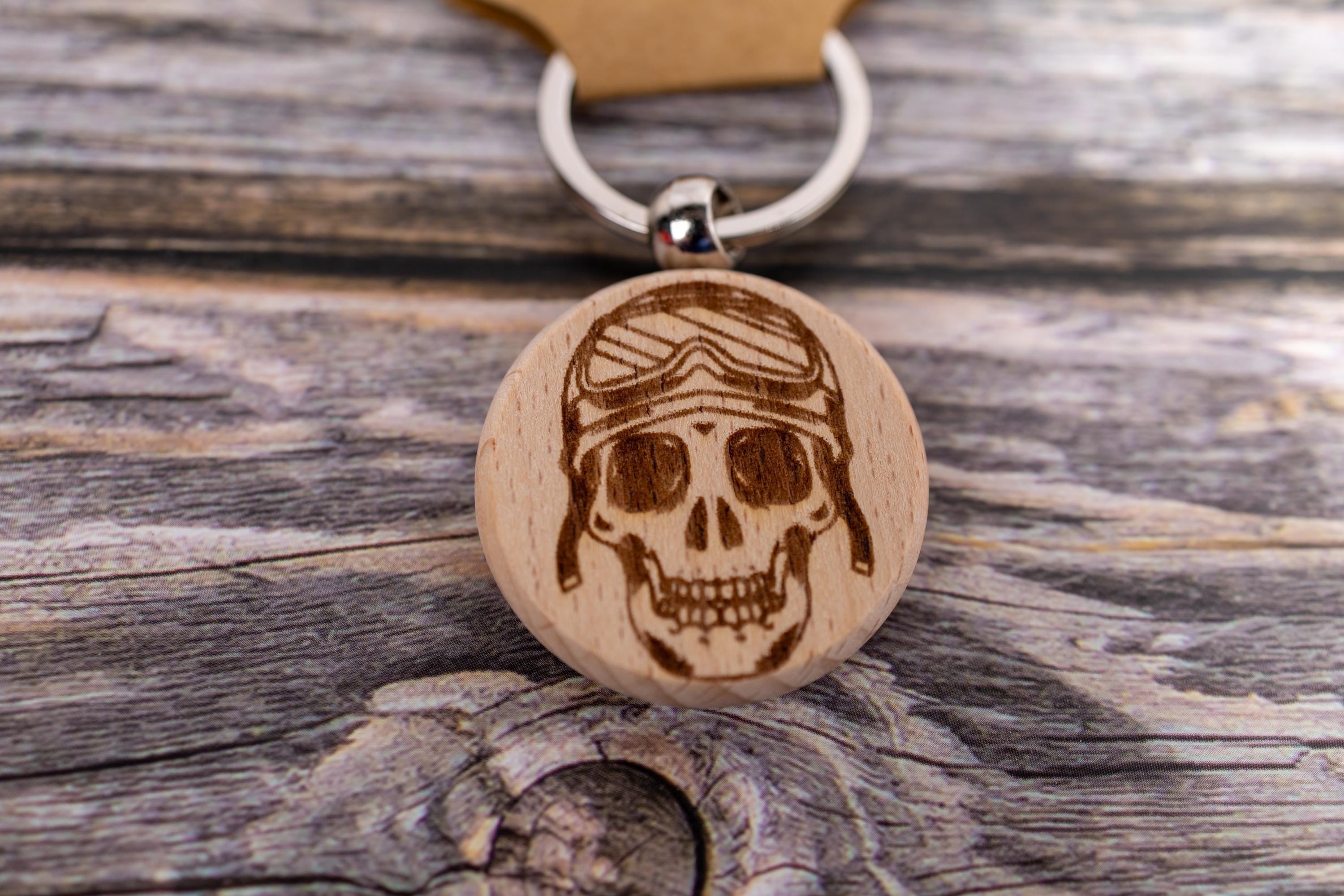 Motorcycle Skull Keychain – Double Sided Engraved Hardwood & Stainless Steel Ring