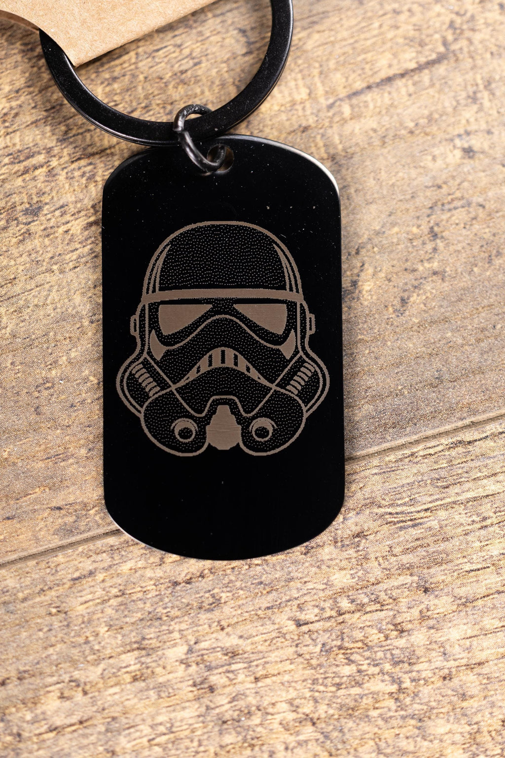 Stormtrooper Keychain - Black Stainless Steel Laser Engraved Helmet Design, Matte Finish