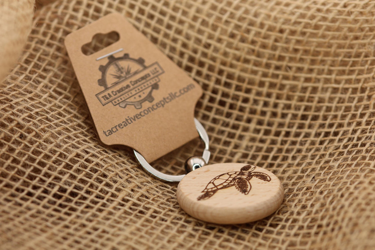 Sea Turtle Keychain – Double Sided Hardwood Charm with Rust Resistant Ring