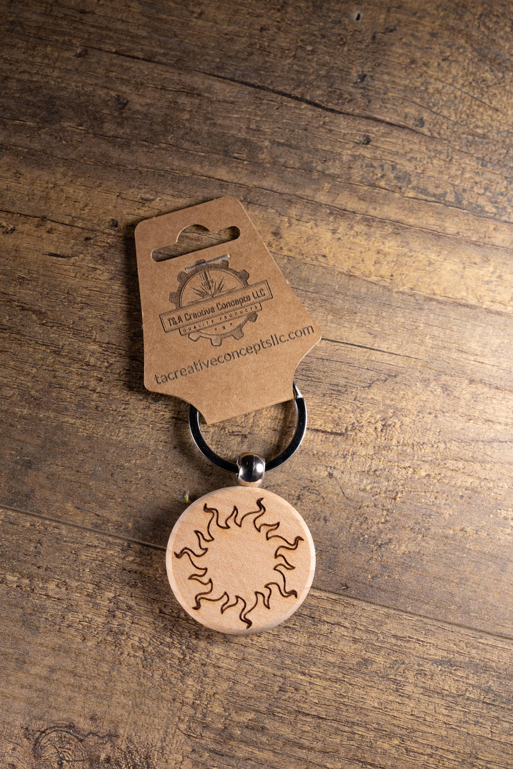 Wood Sun Keychain - Laser Engraved Solid Hardwood Charm | Stainless Steel Ring