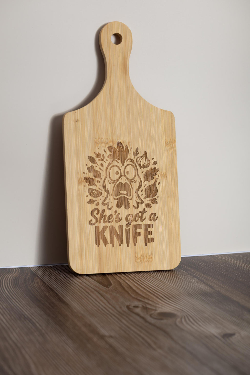 Bamboo Cutting Board – Funny 'She’s Got a Knife' Engraved, Eco Friendly Board 5x11
