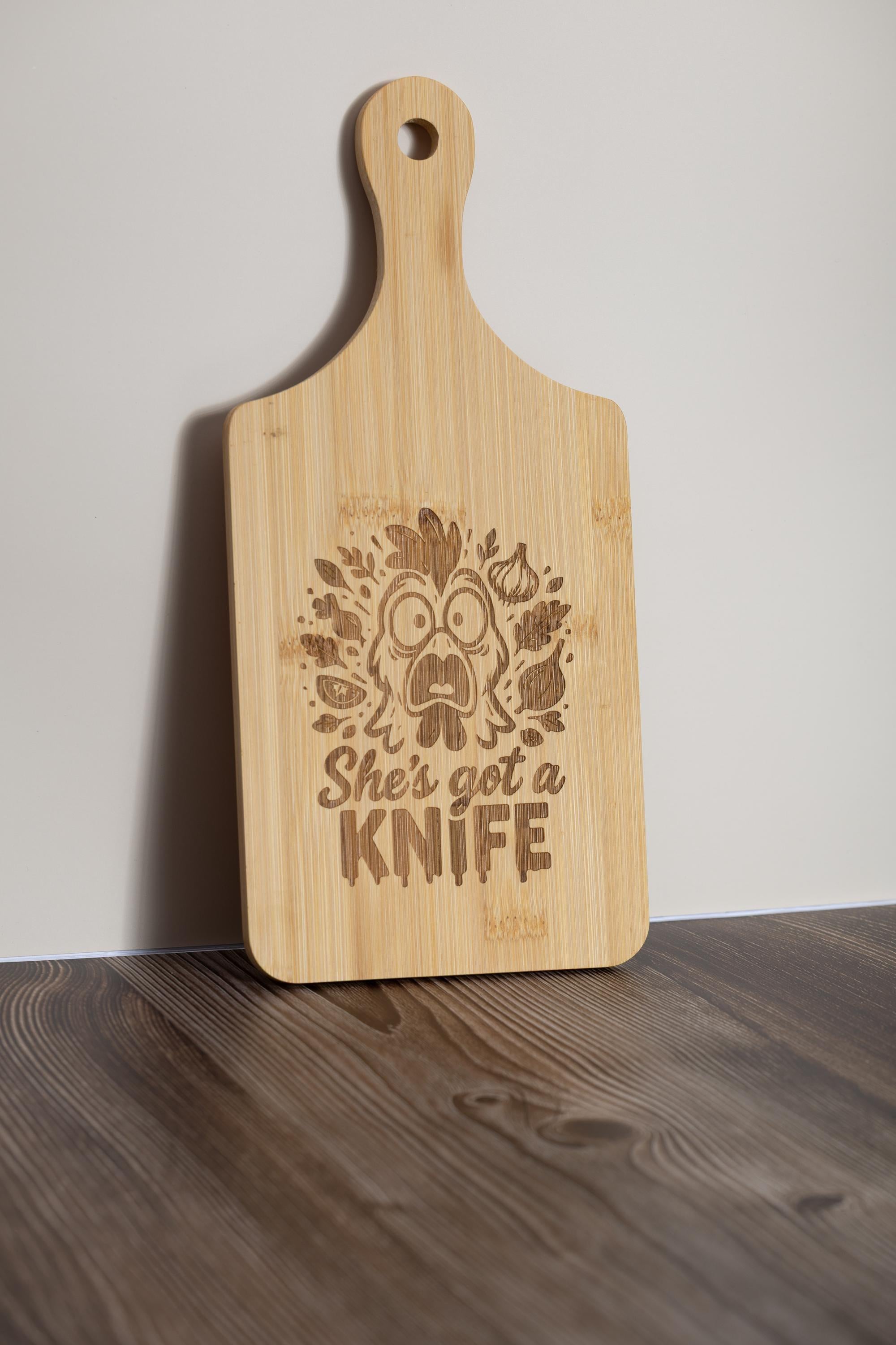 Bamboo Cutting Board – Funny 'She’s Got a Knife' Engraved, Eco Friendly Board 5x11