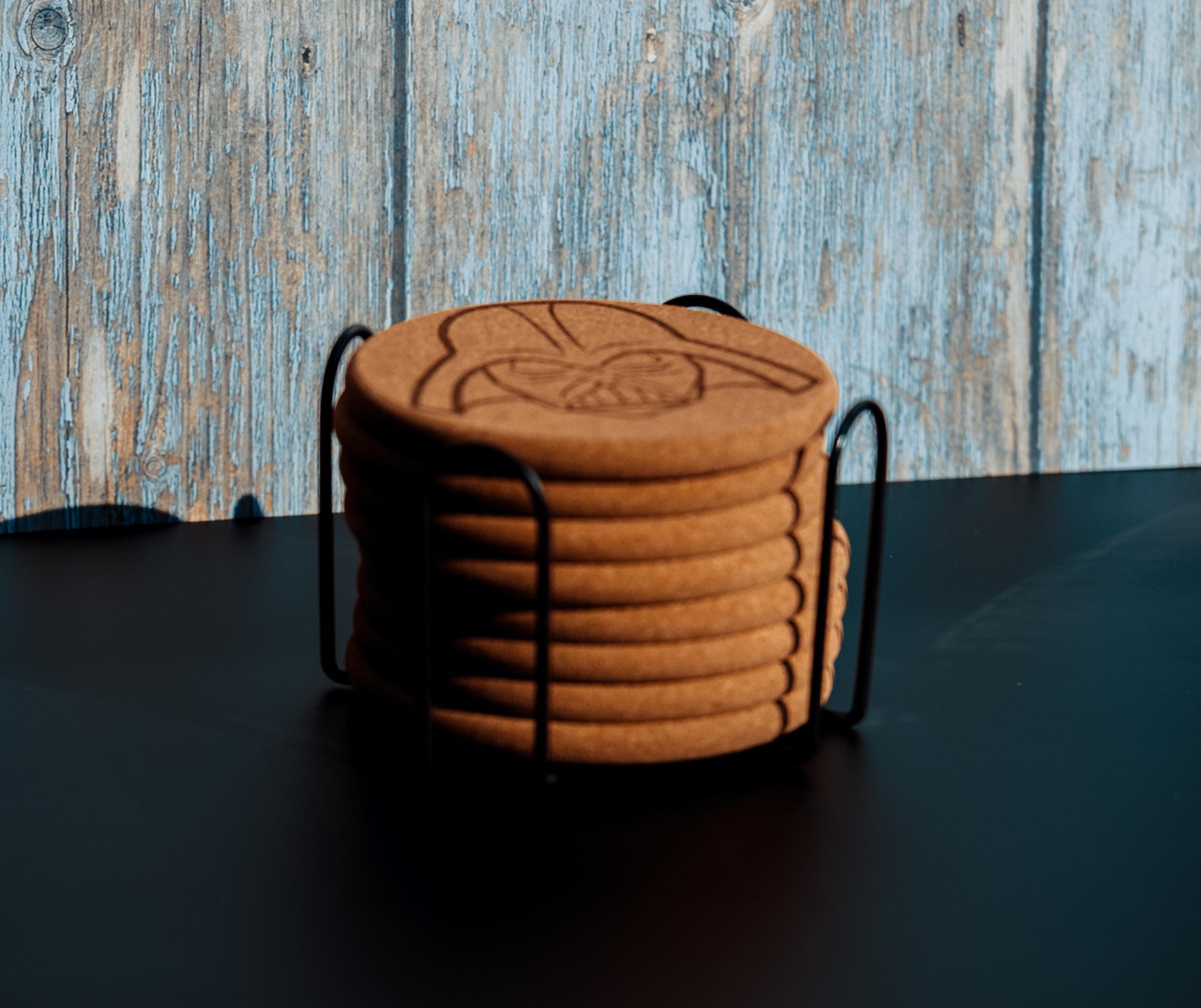 Darth Vader Coasters – Star Wars Drink Mats | Laser Engraved Cork Set with Holder