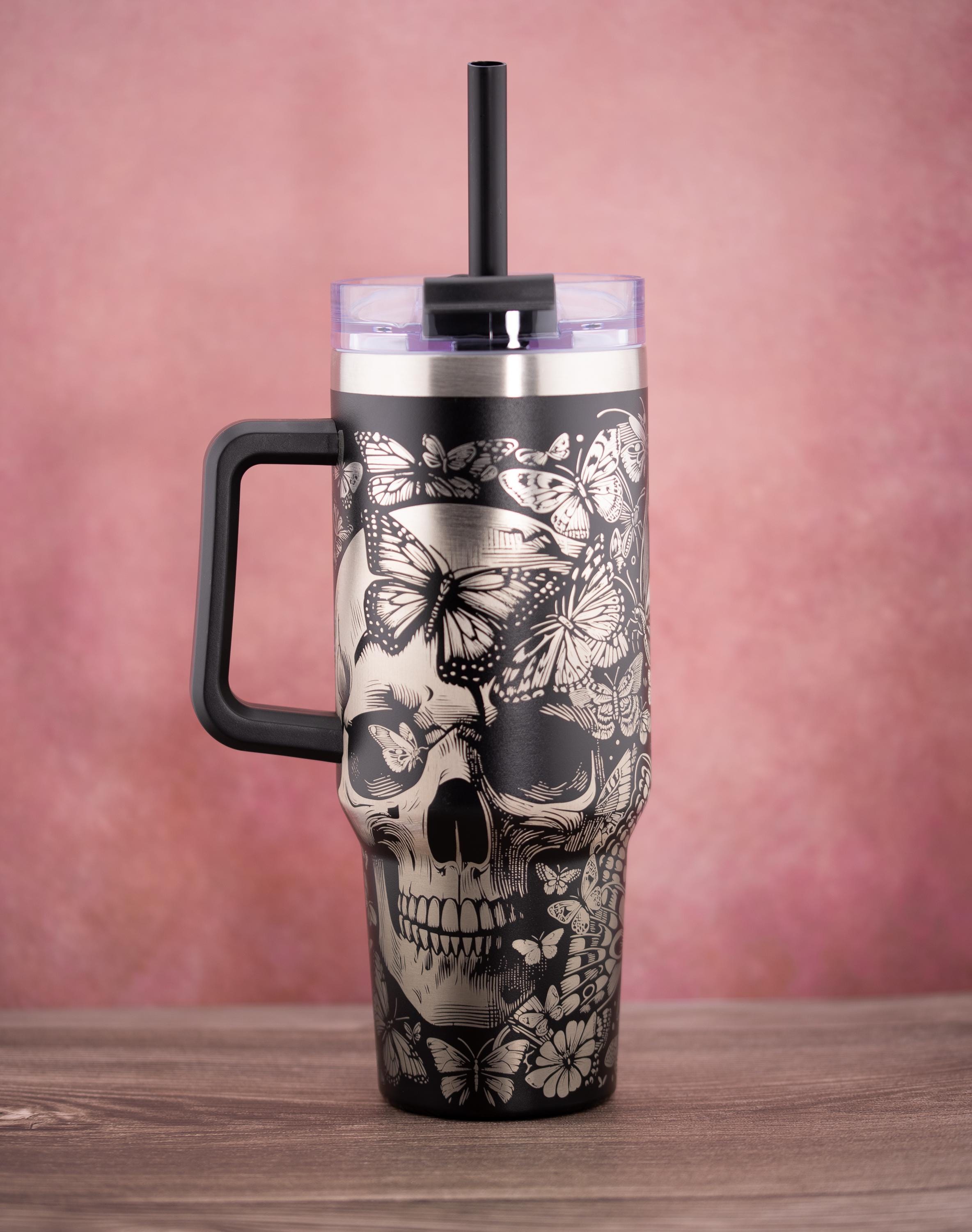 Skulls and Butterflies Tumbler – 40oz Double Wall Insulated Cup | Stainless Steel, Straw Lid