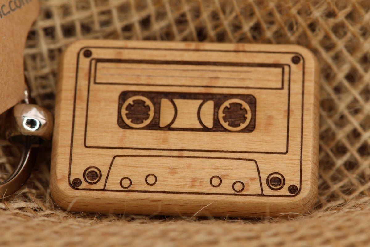 Cassette Tape Keychain – Double Sided Engraved Wood | Retro Music Gift