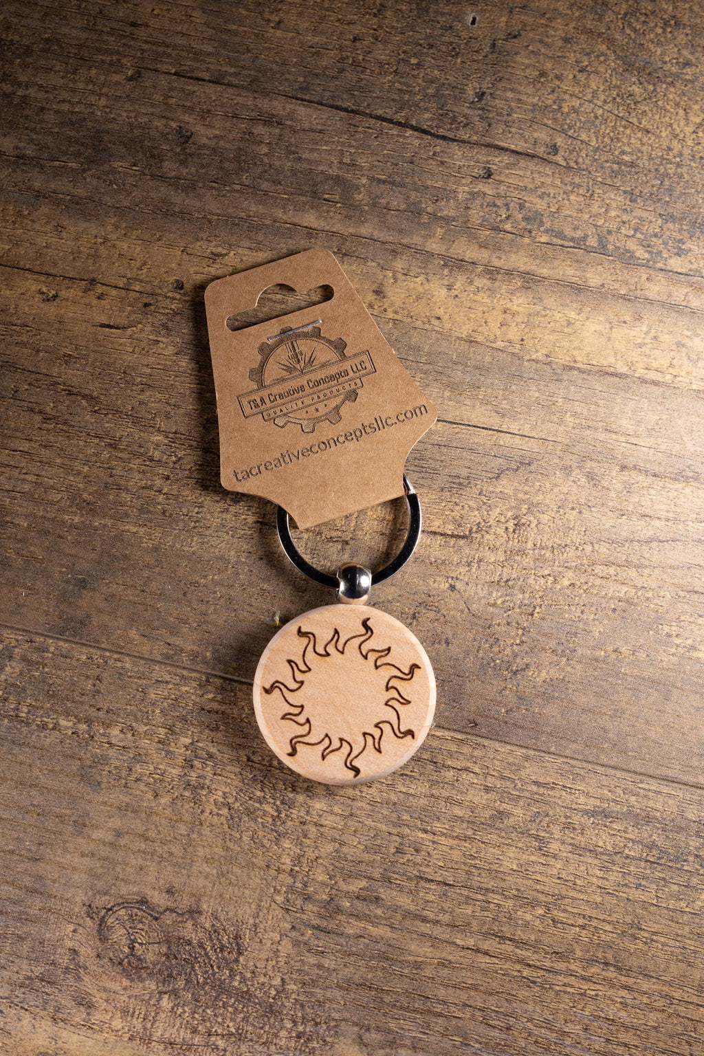 Wood Sun Keychain - Laser Engraved Solid Hardwood Charm | Stainless Steel Ring