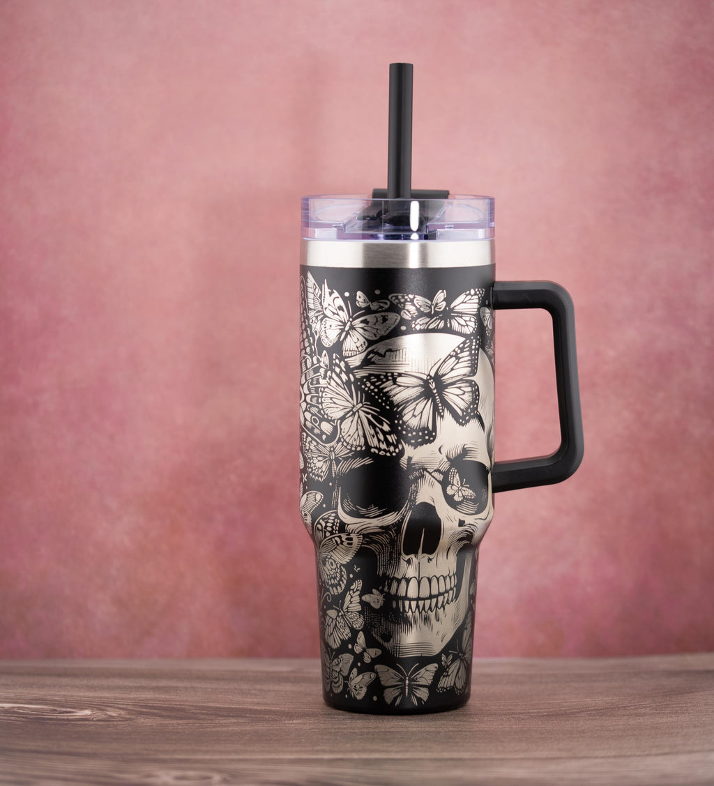 Skulls and Butterflies Tumbler – 40oz Double Wall Insulated Cup | Stainless Steel, Straw Lid
