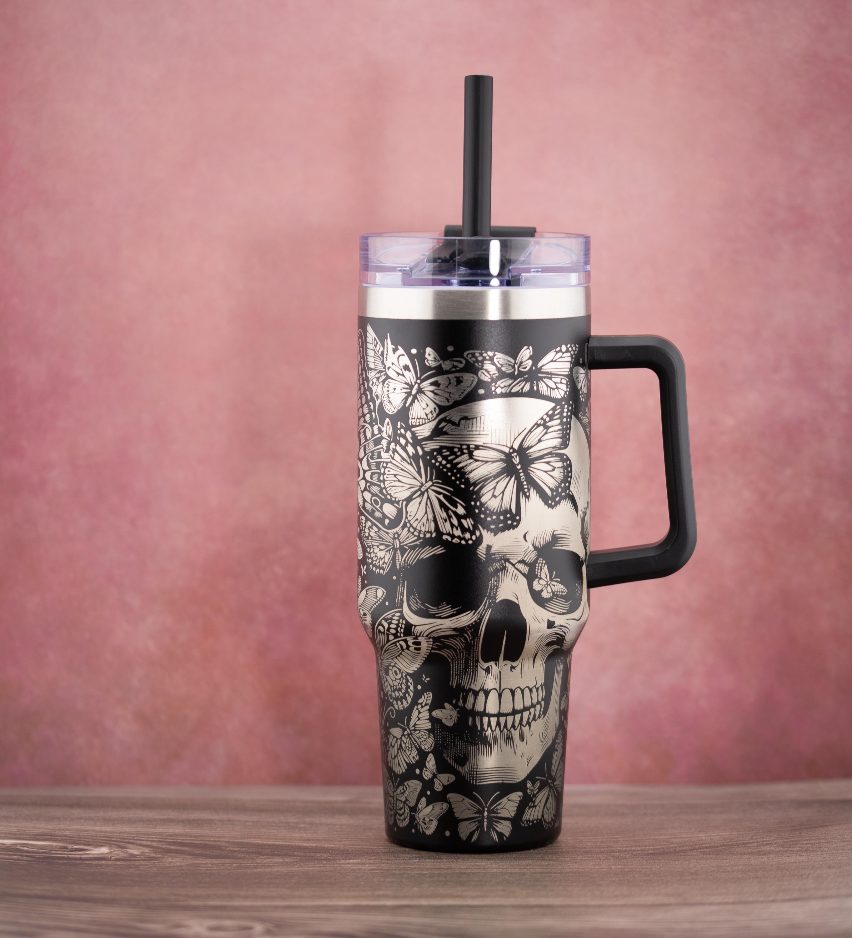 Skulls and Butterflies Tumbler – 40oz Double Wall Insulated Cup | Stainless Steel, Straw Lid
