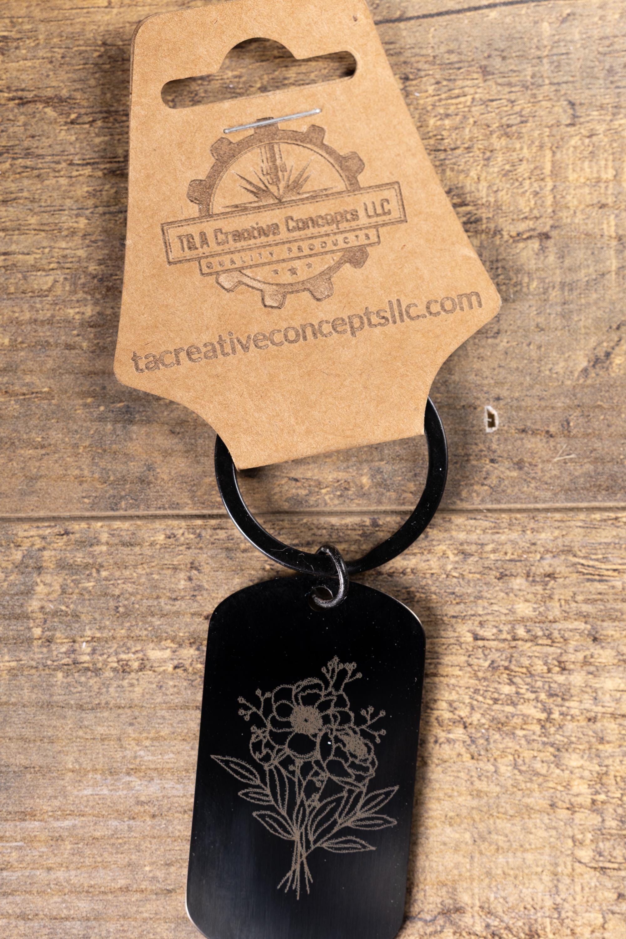 Black Floral Keychain - Laser Engraved Stainless Steel | Durable Everyday Carry