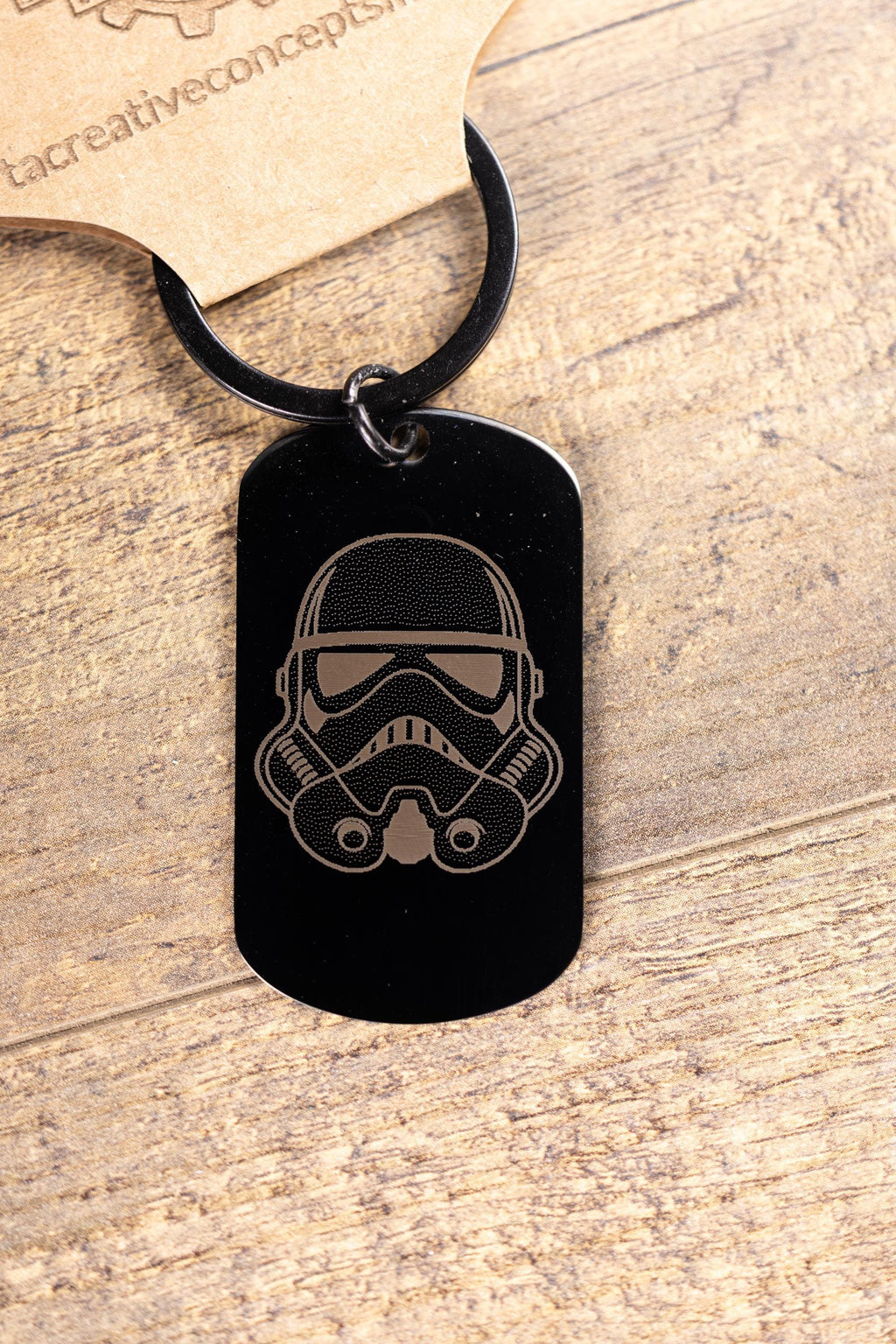 Stormtrooper Keychain - Black Stainless Steel Laser Engraved Helmet Design, Matte Finish