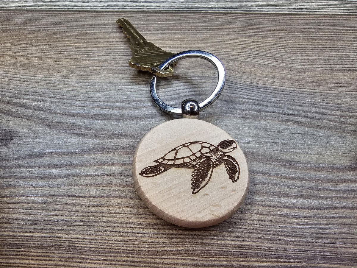 Sea Turtle Keychain – Double Sided Hardwood Charm with Rust Resistant Ring