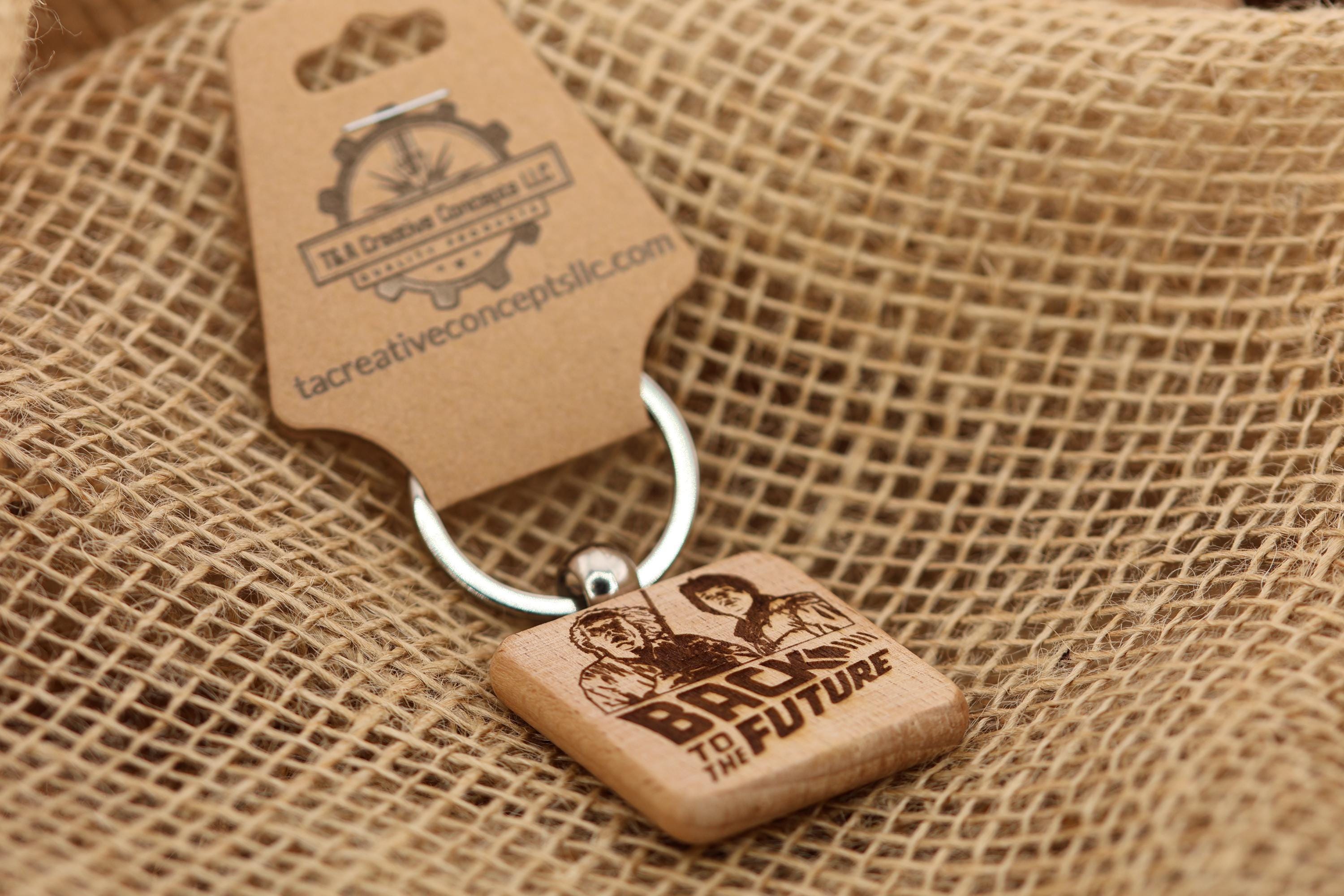 Back to the Future Keychain – Double Sided Hardwood Laser Engraved Charm with Stainless Steel Ring