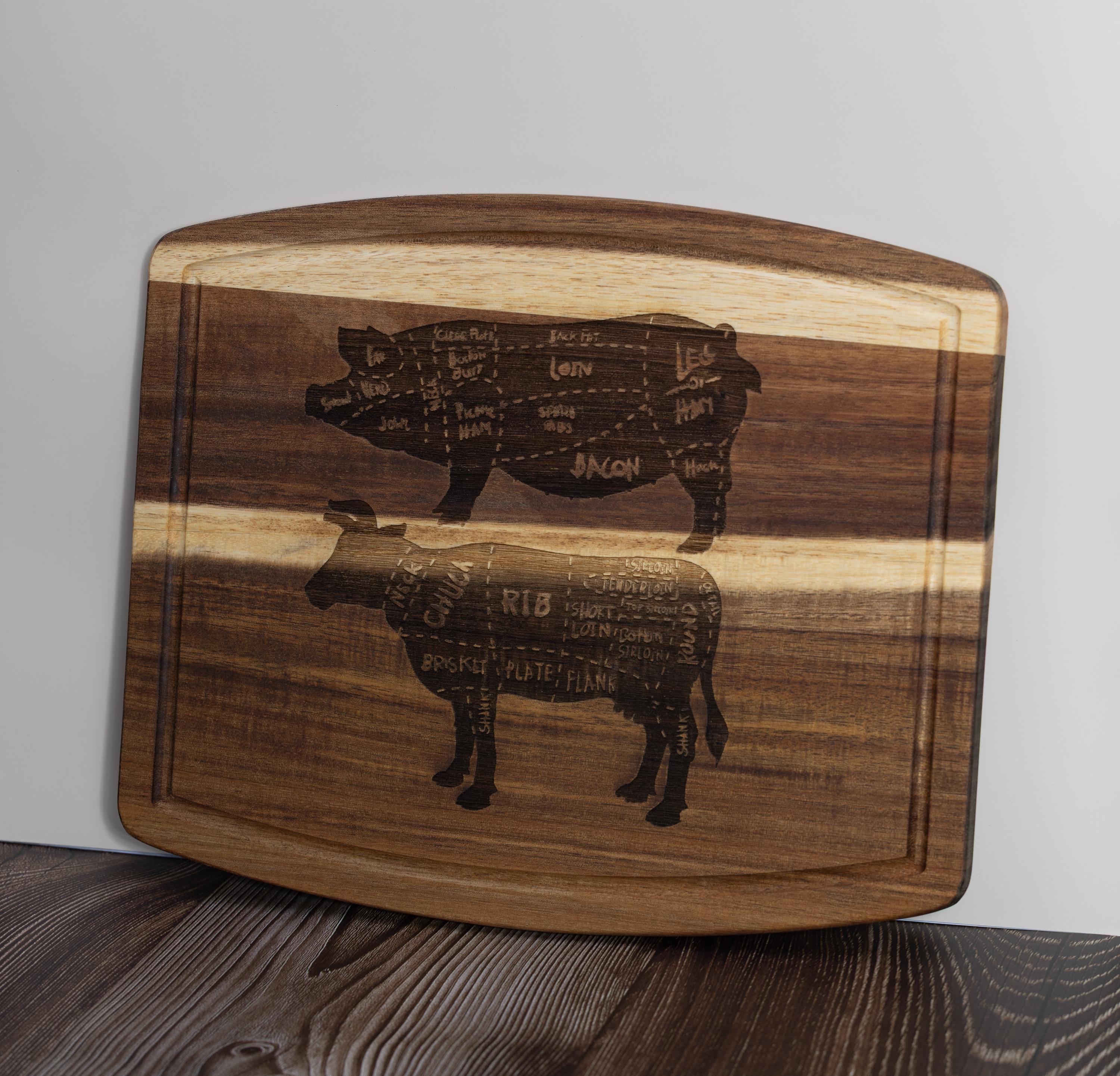 Butcher Diagram Cutting Board - Acacia Wood Pig & Cow Chart, Laser Engraved