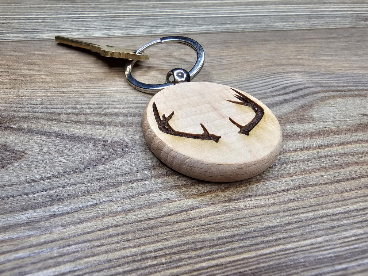 Deer Antlers Keychain – Laser Engraved Hardwood Rustic Bag Charm with Stainless Steel Ring