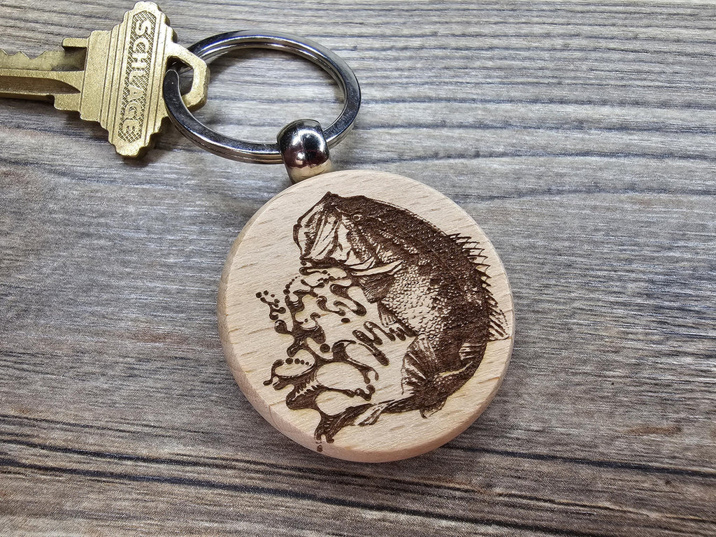 Largemouth Bass Keychain – Double Sided Engraved Hardwood With Rust Resistant Ring