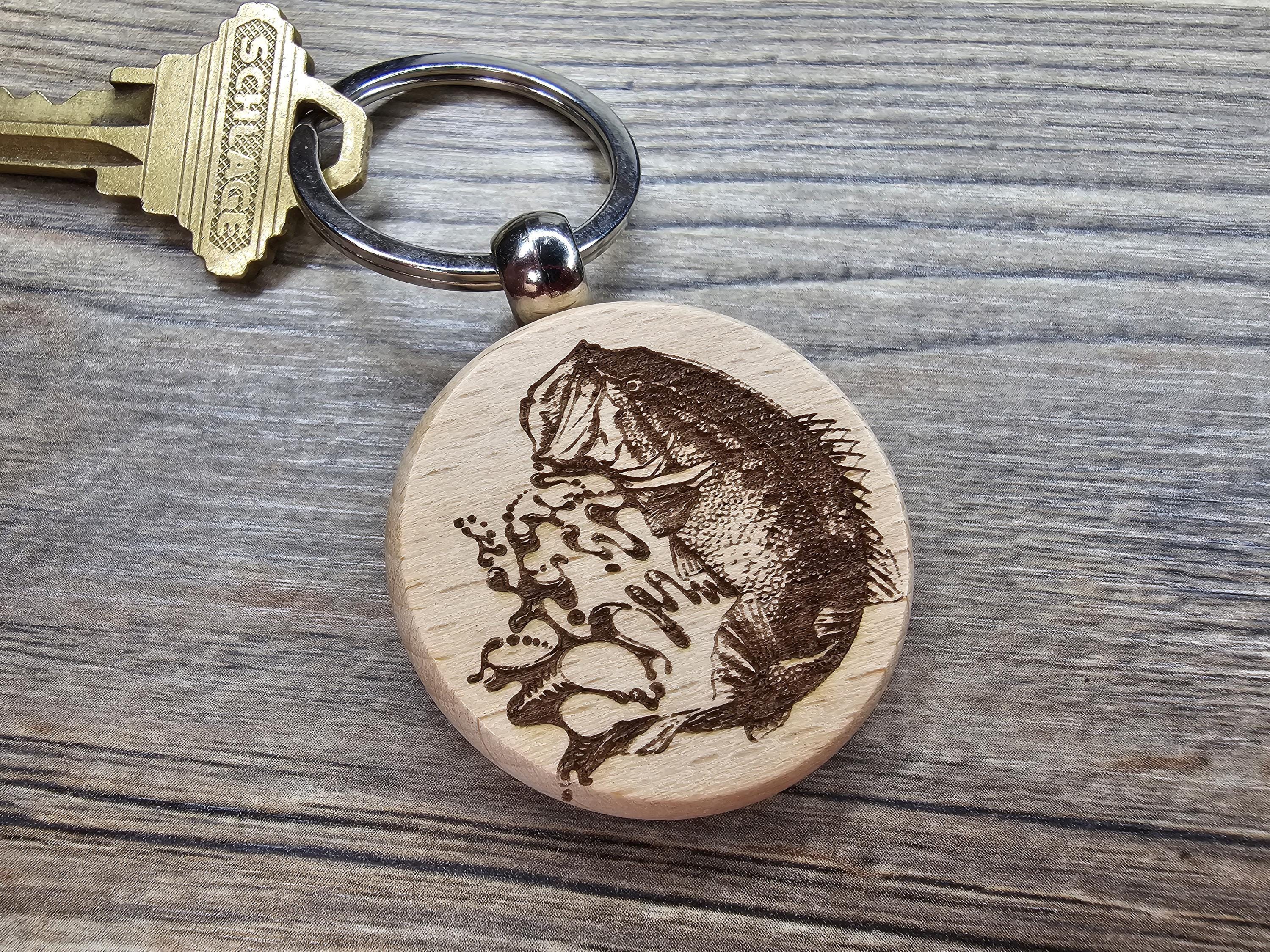 Largemouth Bass Keychain – Double Sided Engraved Hardwood With Rust Resistant Ring