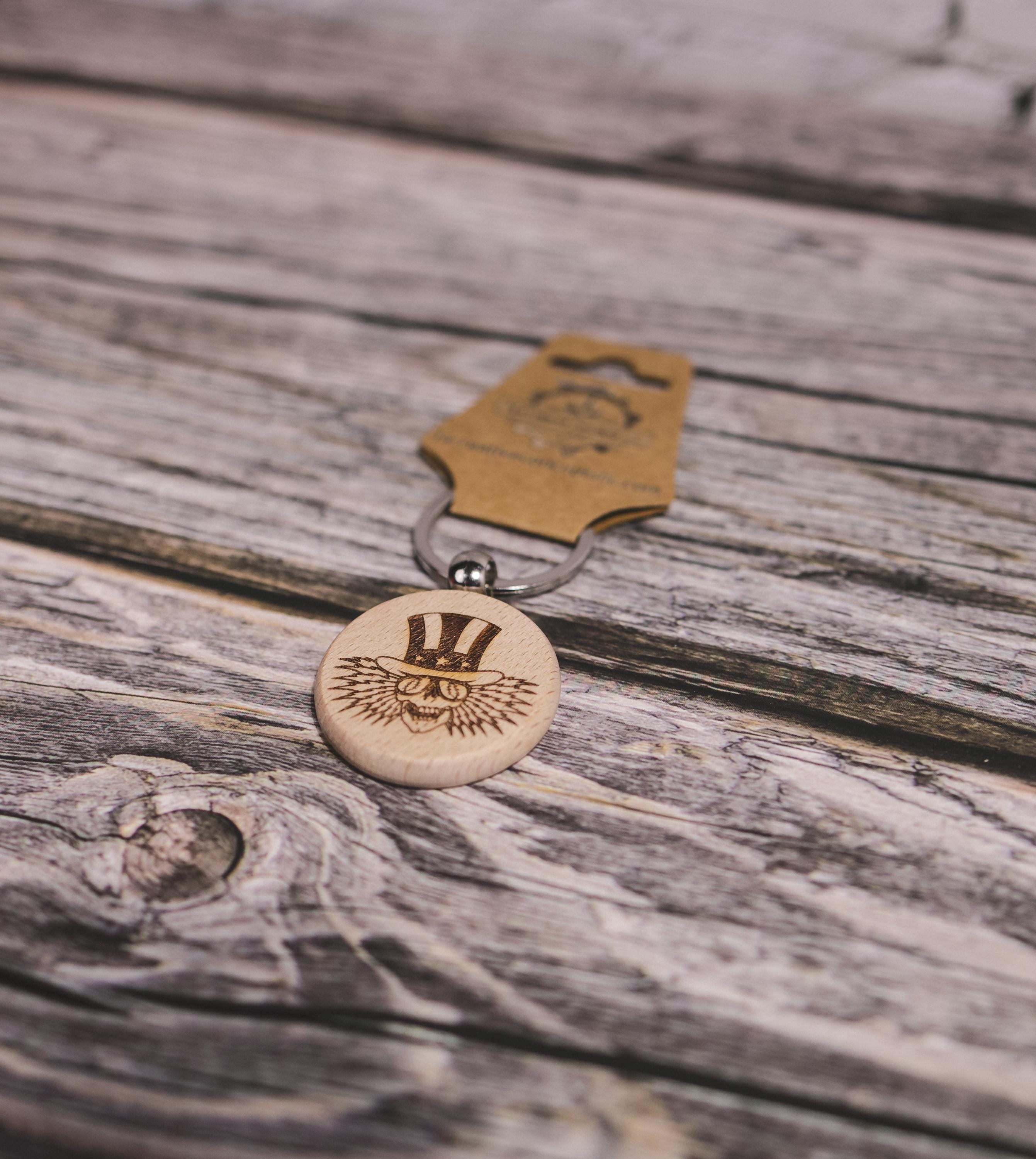 Grateful Dead Keychain – Uncle Sam Hardwood Double-Sided Engraving with Stainless Steel Ring