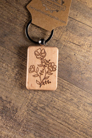 Wood Floral Keychain – Laser Engraved Charm with Solid Hardwood & Stainless Steel Hardware